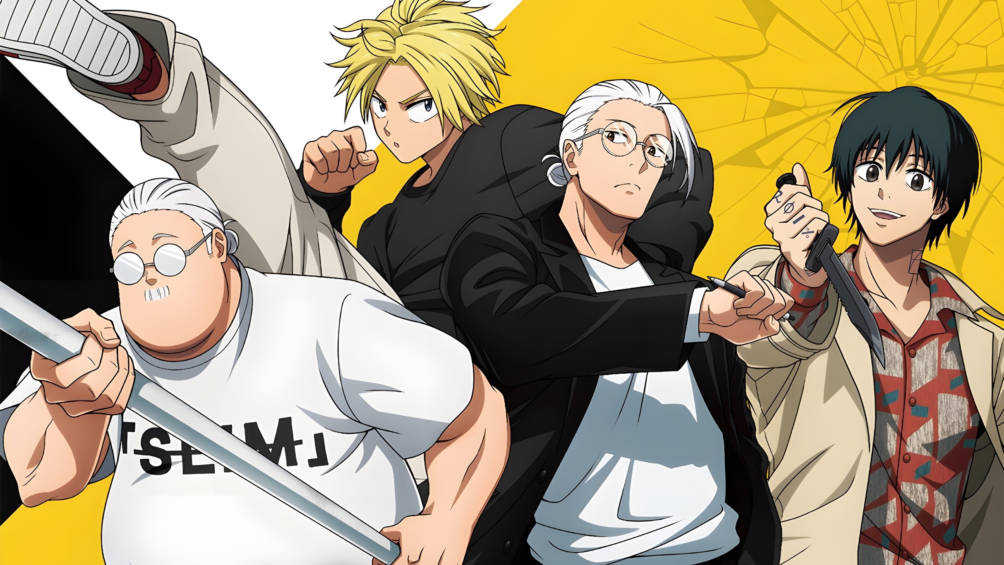 A character poster featuring Taro Sakamoto, Shin Asakura, and Yoichi Nagumo from the Sakamoto Days manga.