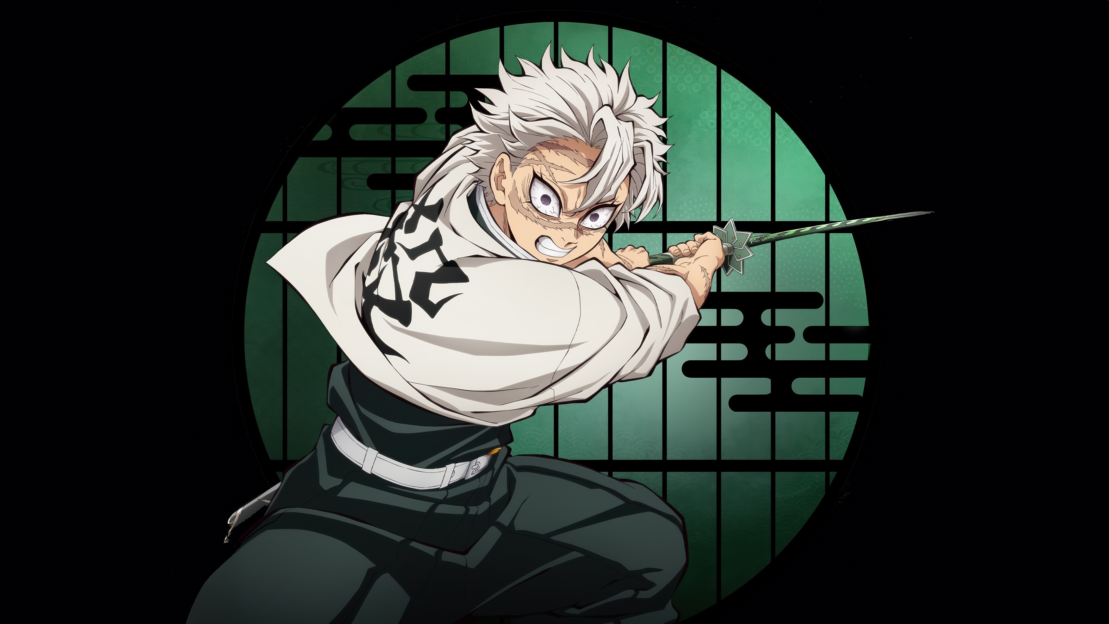 A cinematic 5K anime-style portrait of Sanemi Shinazugawa from Demon Slayer: Kimetsu No Yaiba against a solid black background.