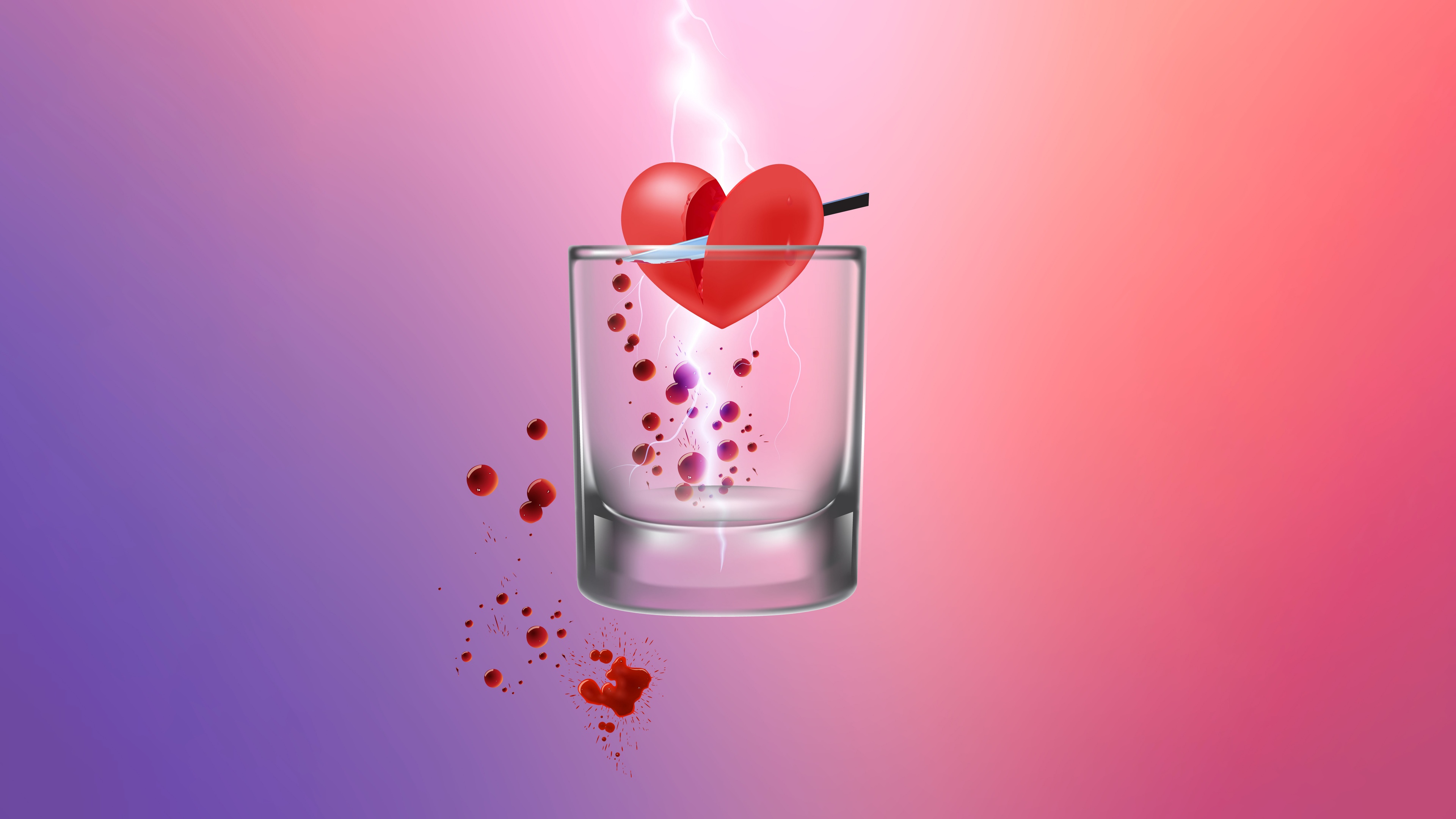 A fractured red glass heart being struck by a bolt of lightning with electric sparks and crystalline shards.