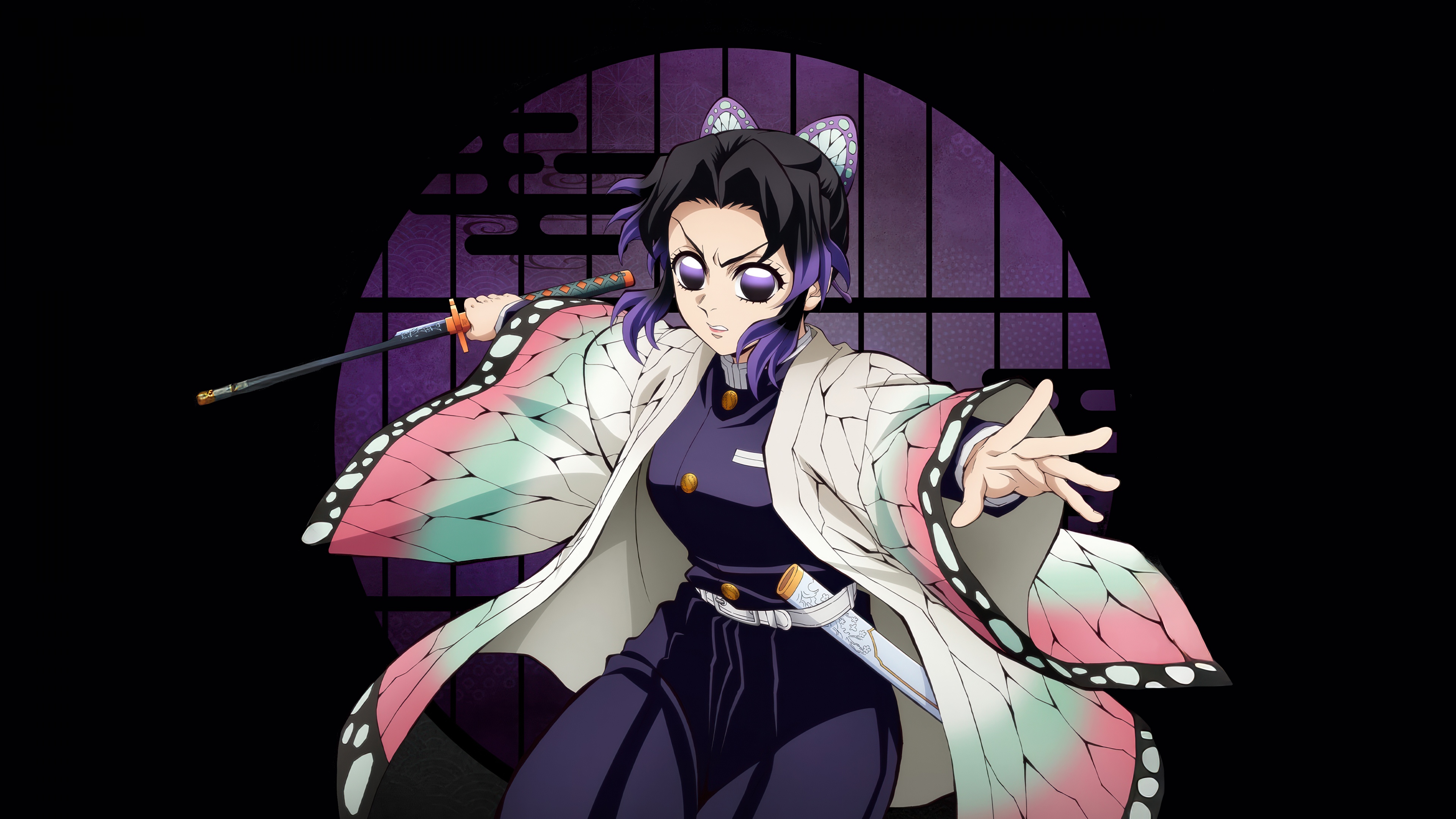 A cinematic anime-style portrait of Shinobu Kocho from Demon Slayer: Kimetsu no Yaiba against a solid black background.