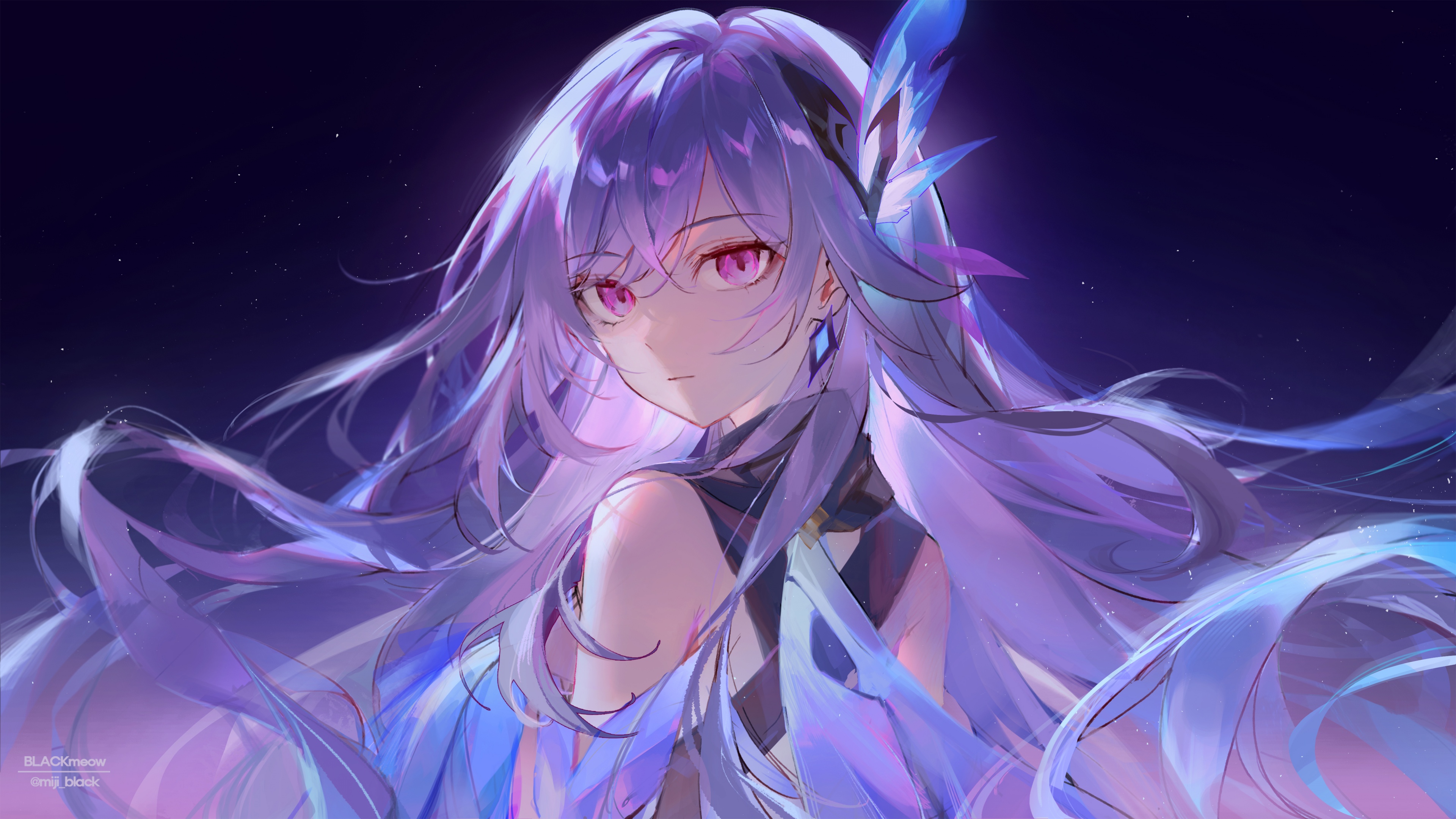 Skirk from Genshin Impact with purple hair and eyes under a starry, ethereal sky.