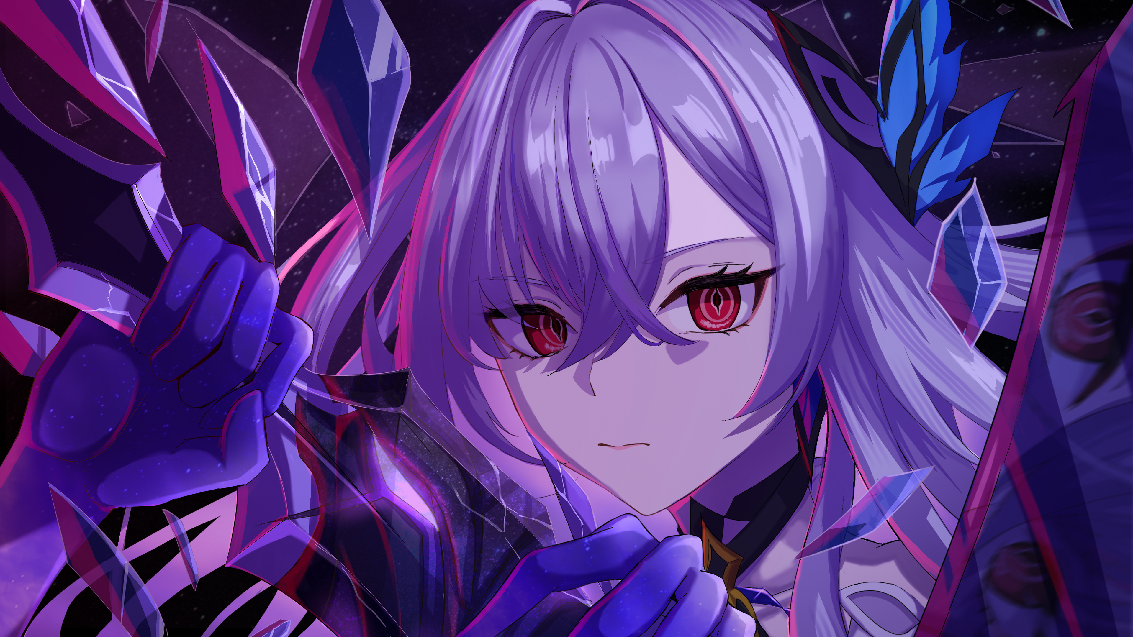 Skirk from Genshin Impact with purple hair, red eyes, and shimmering crystals in a dark setting
