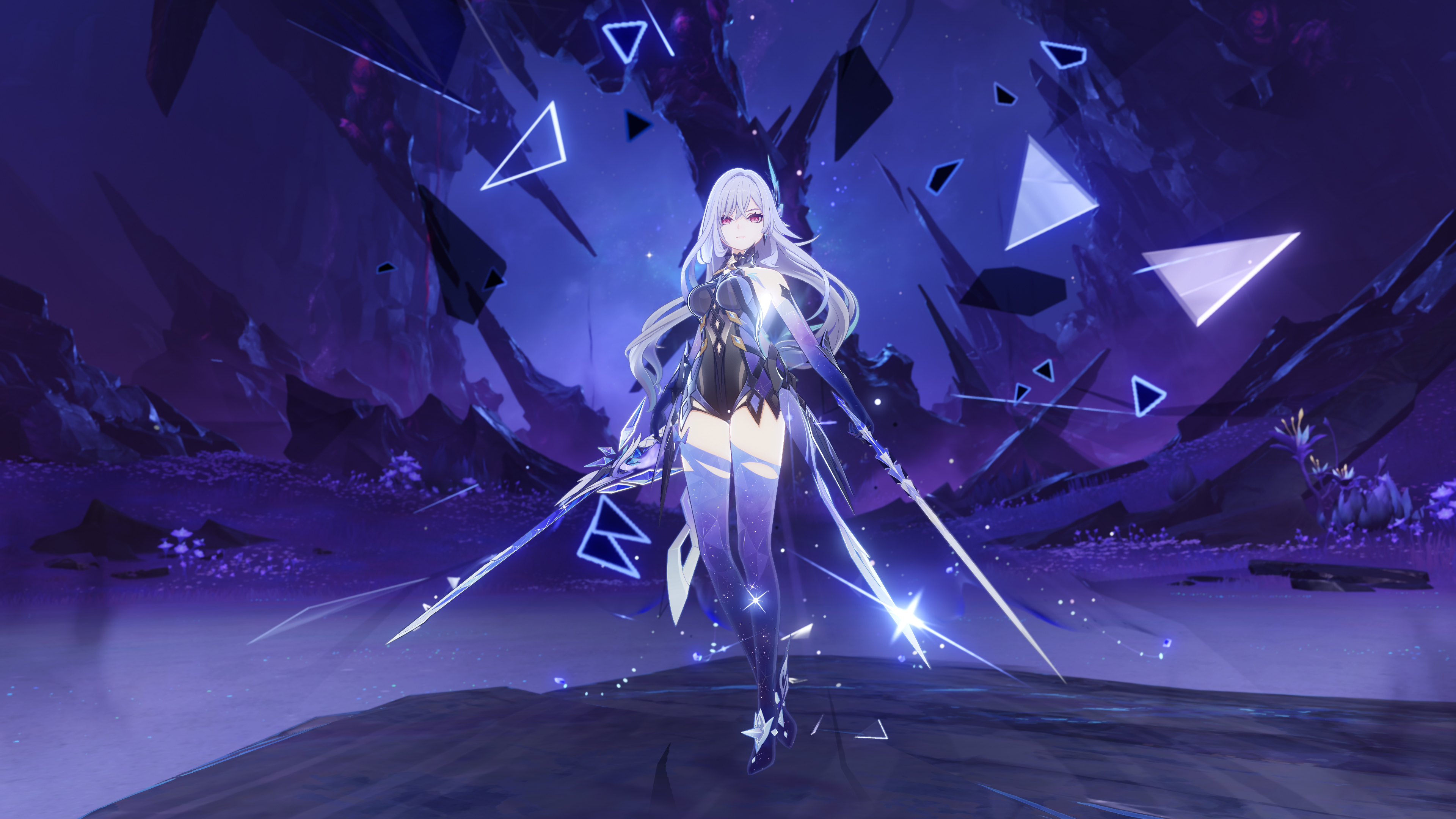 Anime girl Skirk from Genshin Impact with a purple aesthetic theme.