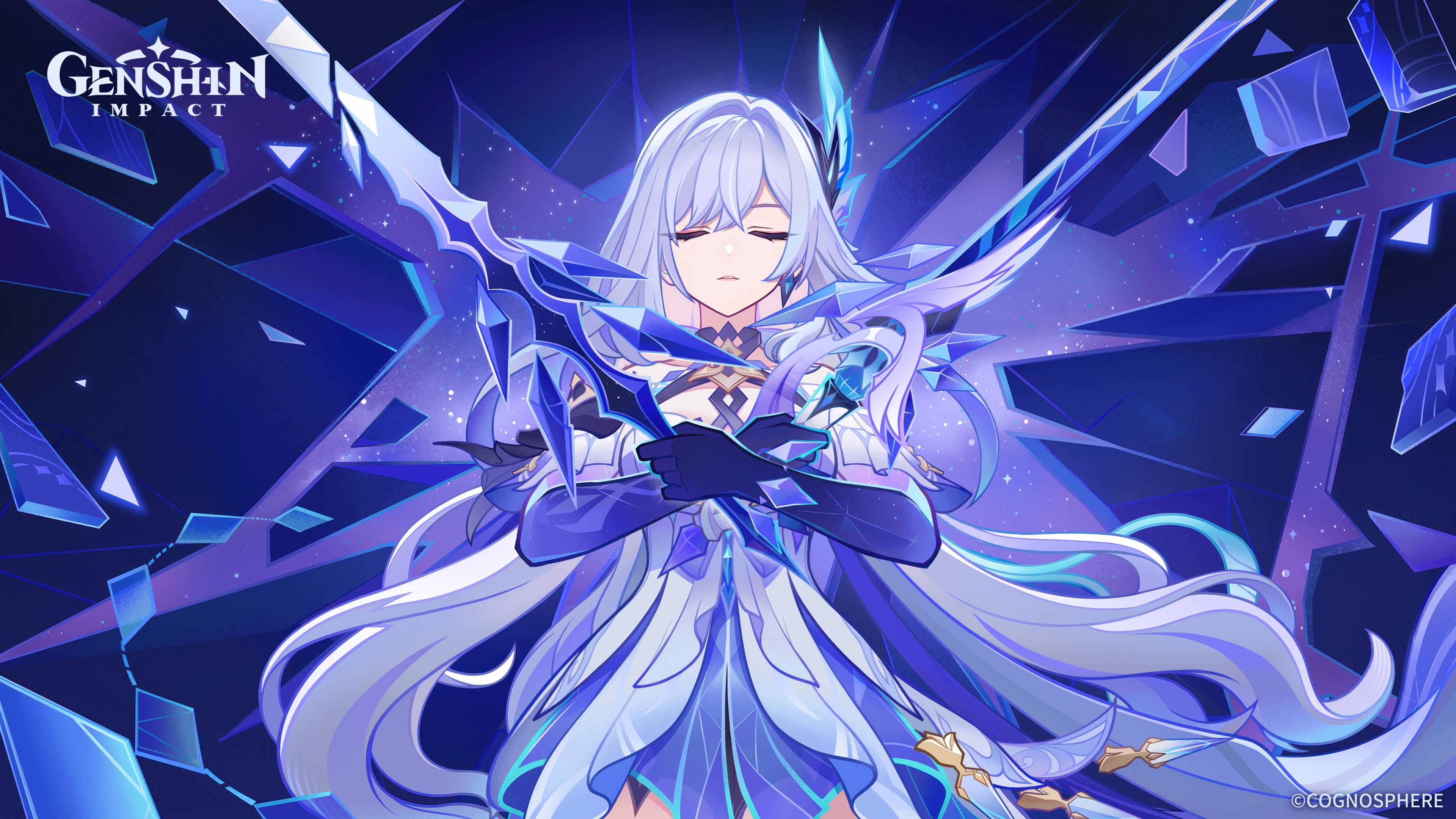 Skirk from Genshin Impact as an anime warrior with a blue aesthetic and shattered visual effects.