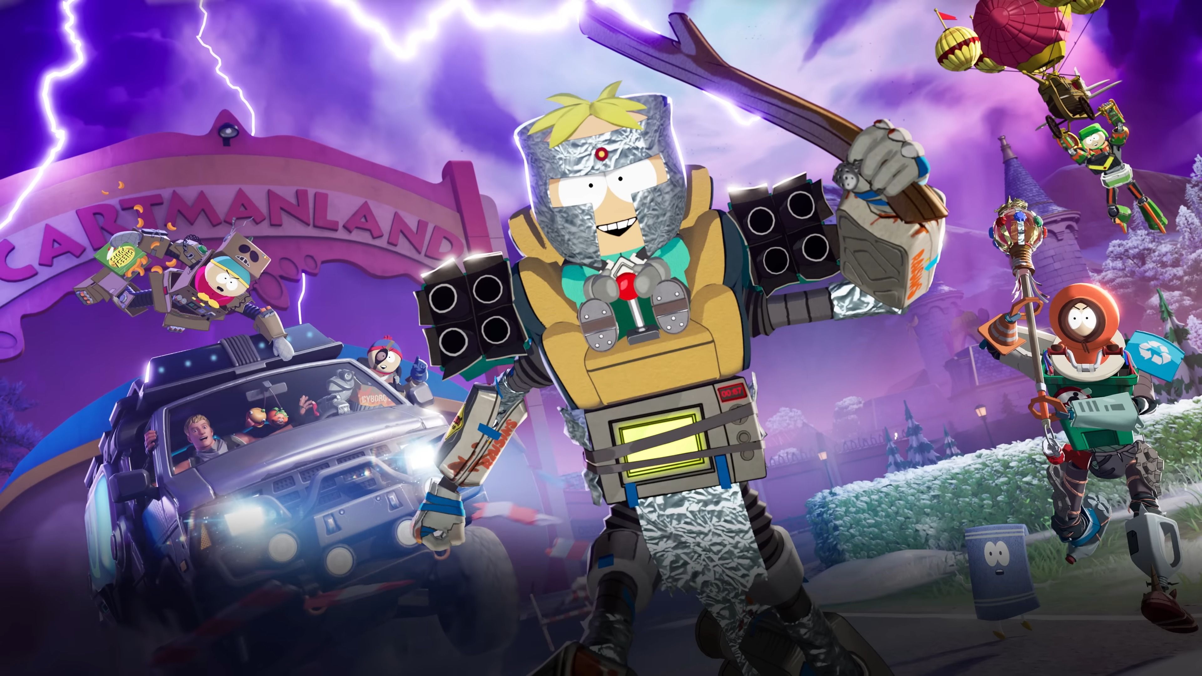 Eric Cartman, Stan Marsh, Kyle Broflovski, and Kenny McCormick from South Park in a Fortnite Battle Royale combat setting.