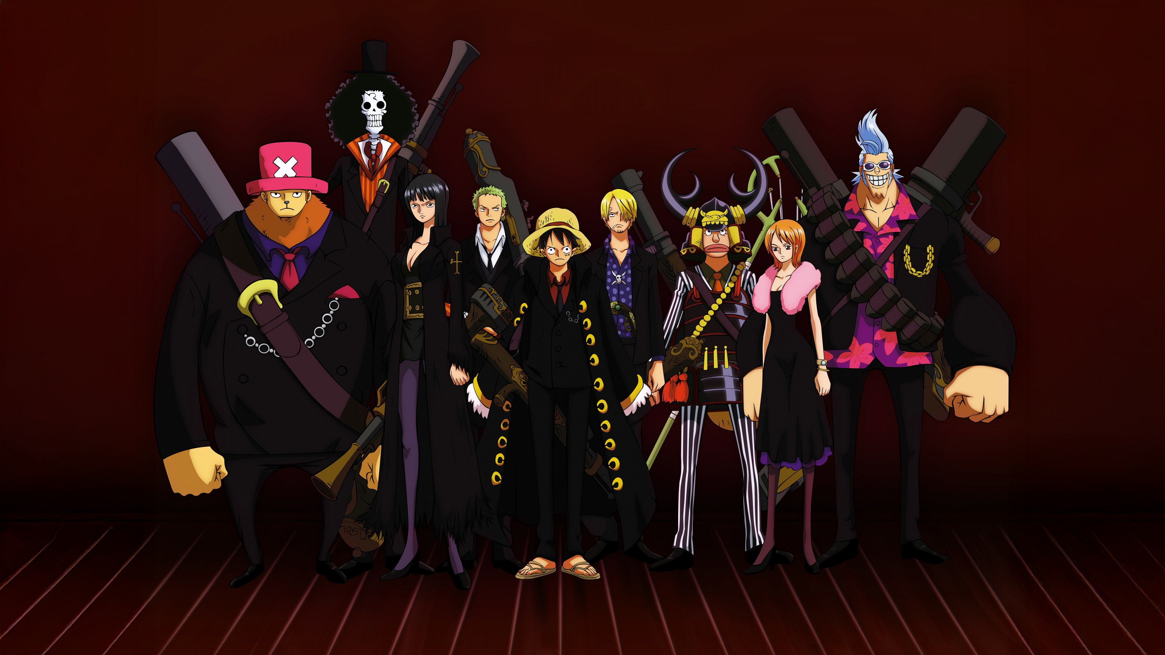 A high-resolution anime poster featuring Monkey D. Luffy, Roronoa Zoro, Sanji, Nami, and Usopp from the One Piece series.