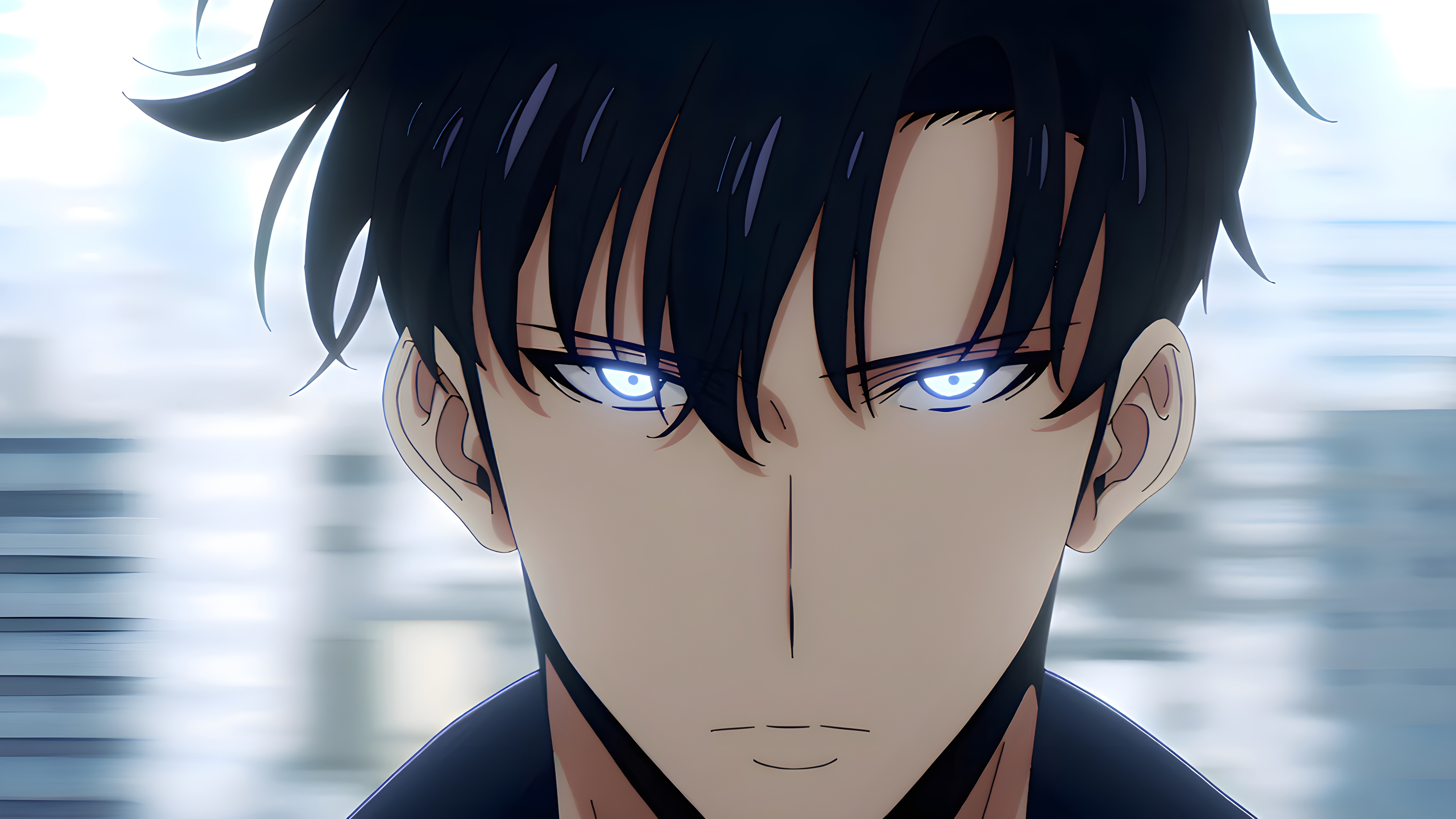 A high-resolution, cinematic anime-style portrait of Sung Jinwoo from Solo Leveling, featuring dramatic lighting and intense detail.