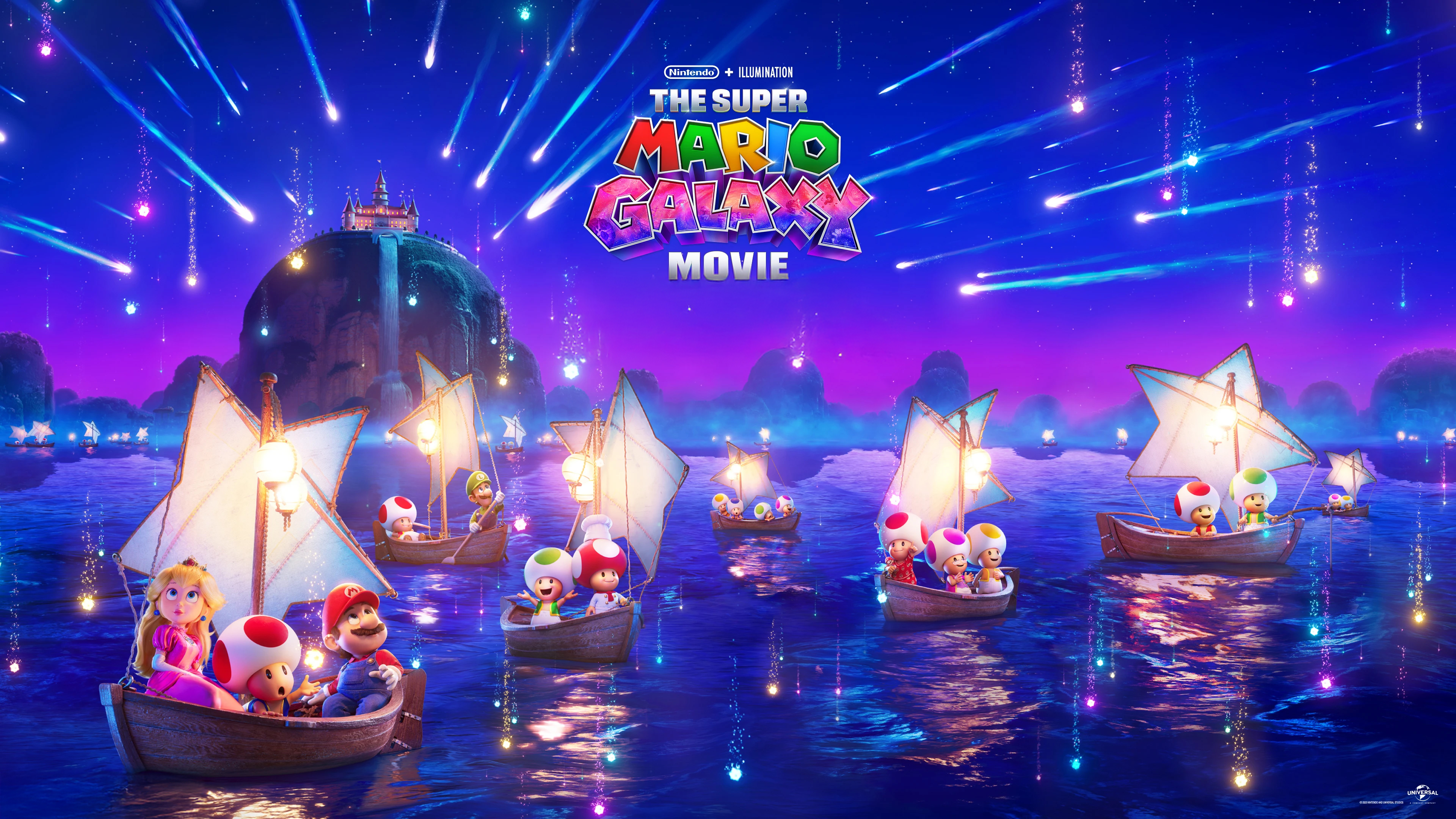 Mario and Rosalina surrounded by Lumas in a cosmic galaxy setting, official key art for the Super Mario Galaxy animated movie.