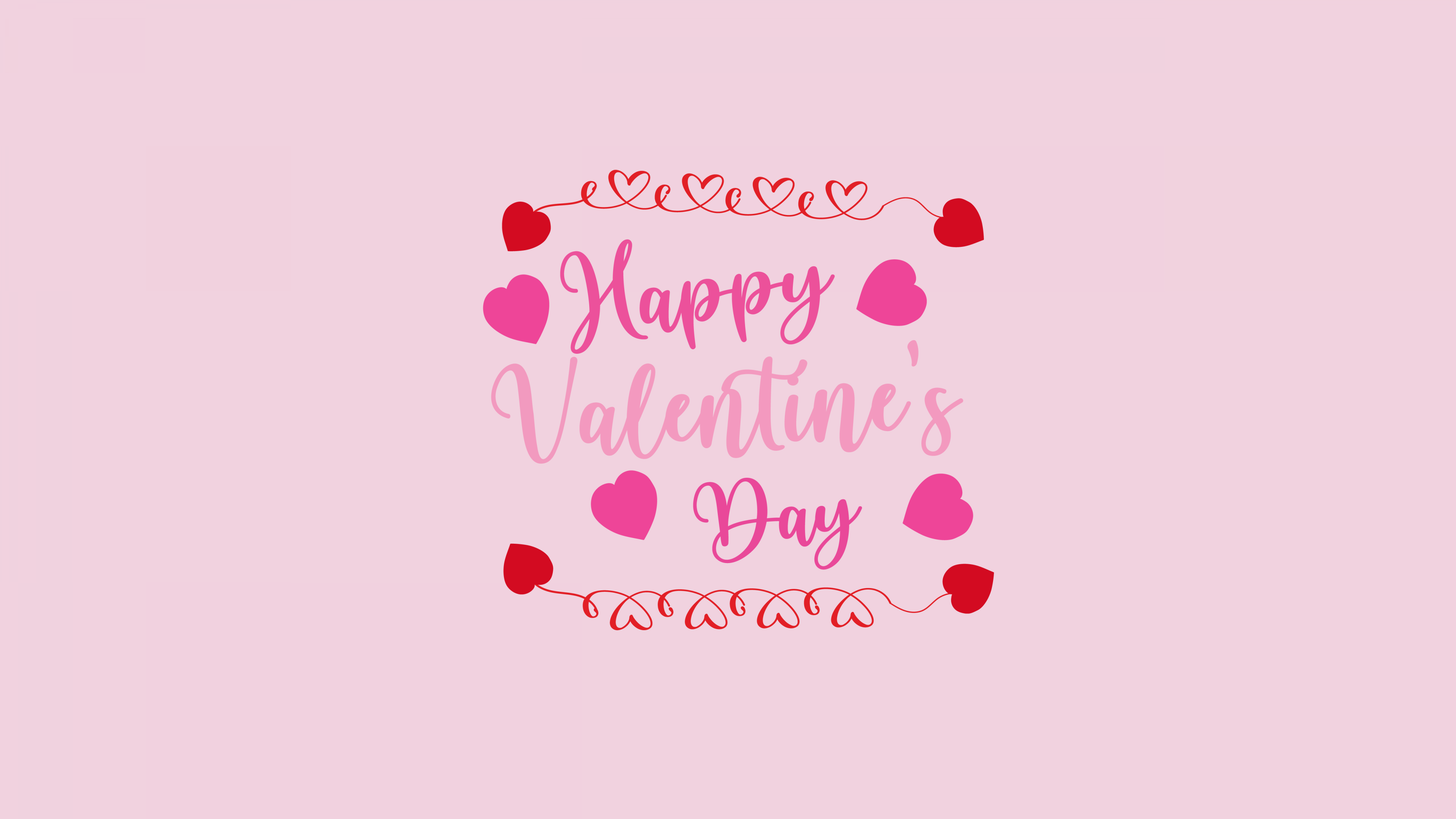 Happy Valentine's Day text in pink font on a pink background surrounded by floating love hearts.
