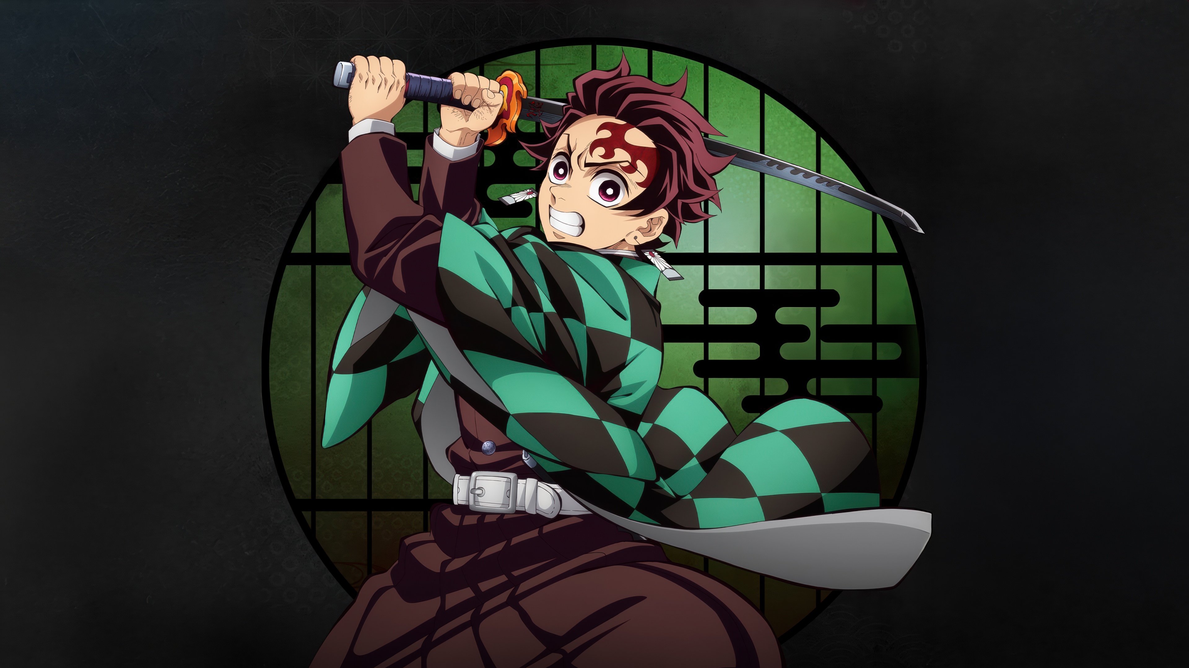 Tanjiro Kamado from Demon Slayer: Kimetsu No Yaiba set against a deep black background in a cinematic anime style.