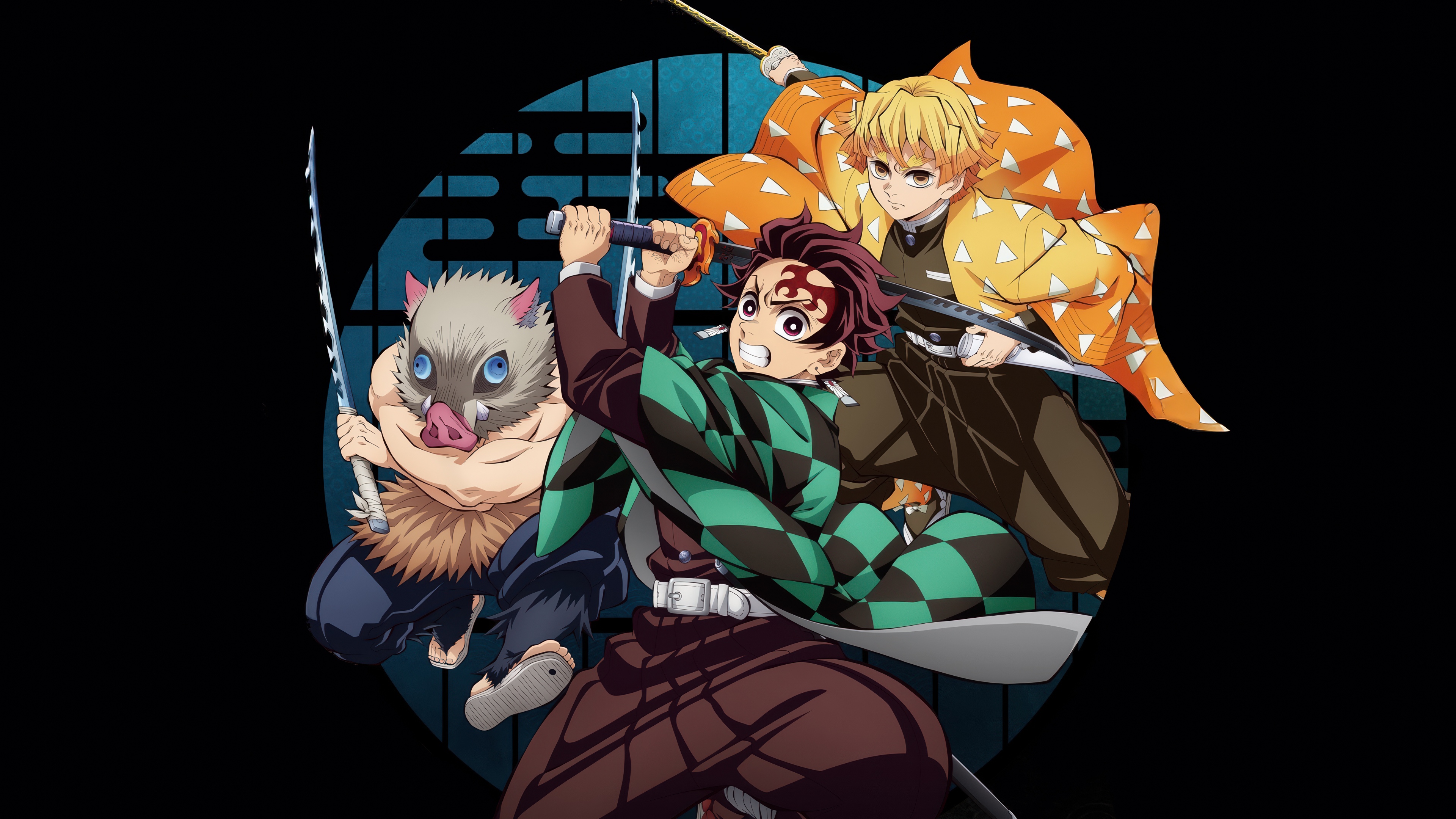 Tanjiro Kamado, Zenitsu Agatsuma, and Inosuke Hashibira standing within the shifting halls of the Infinity Castle from Demon Slayer: Kimetsu No Yaiba.