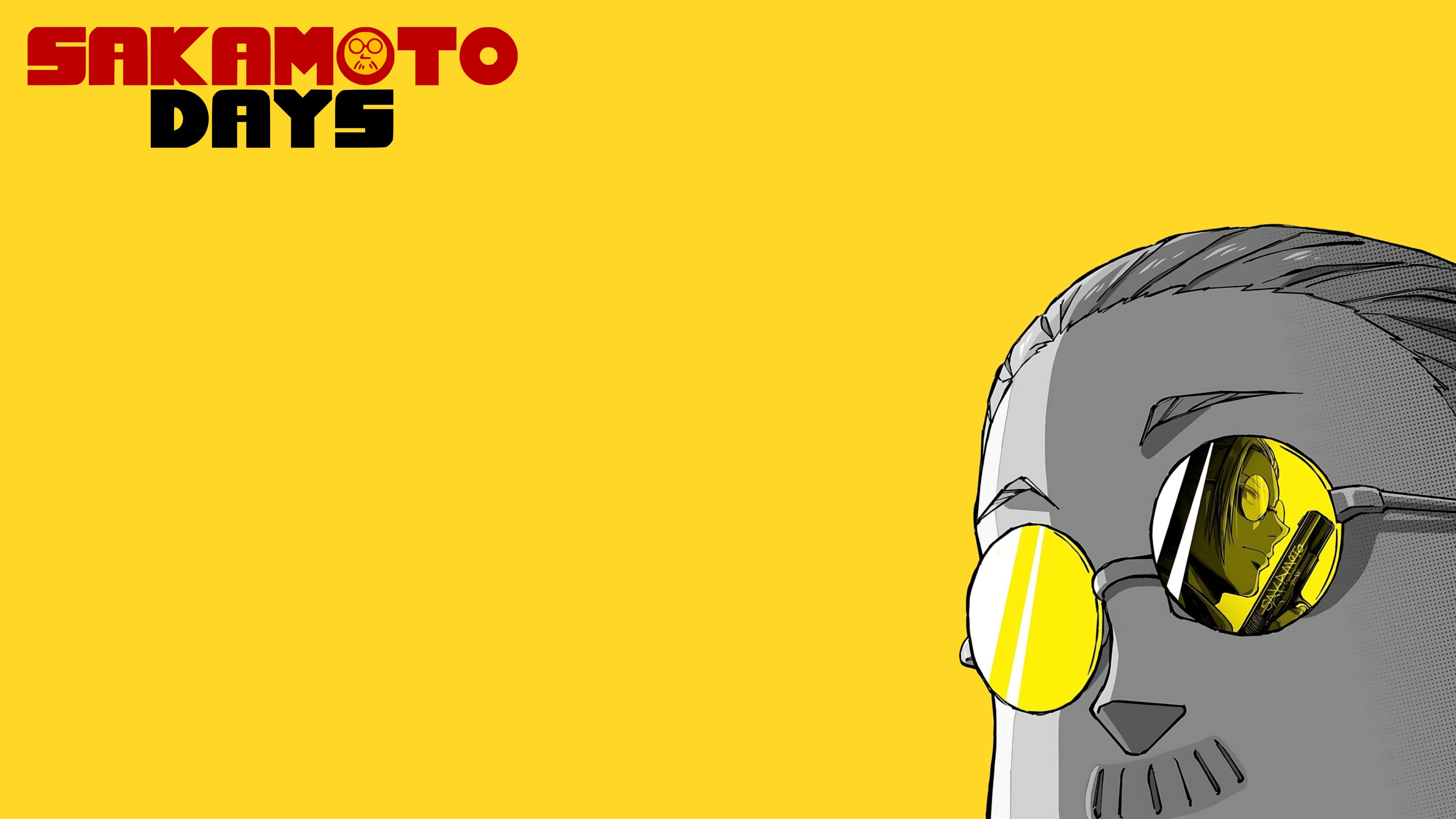 A minimalist portrait of Taro Sakamoto from Sakamoto Days against a solid yellow background.