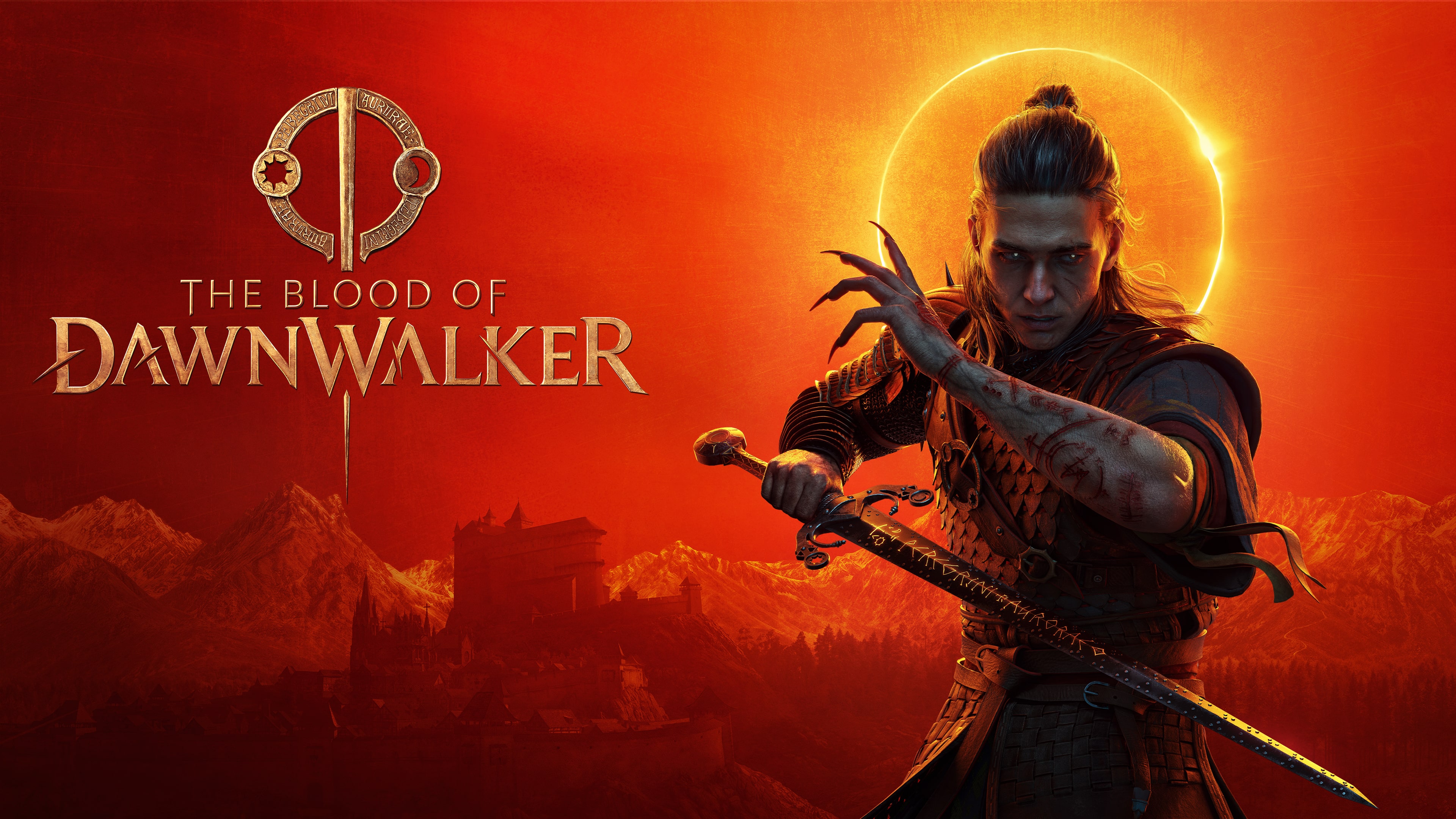 Cinematic key art of the warrior Dawnwalker in intricate armor, set against a dramatic and fiery sunrise landscape.