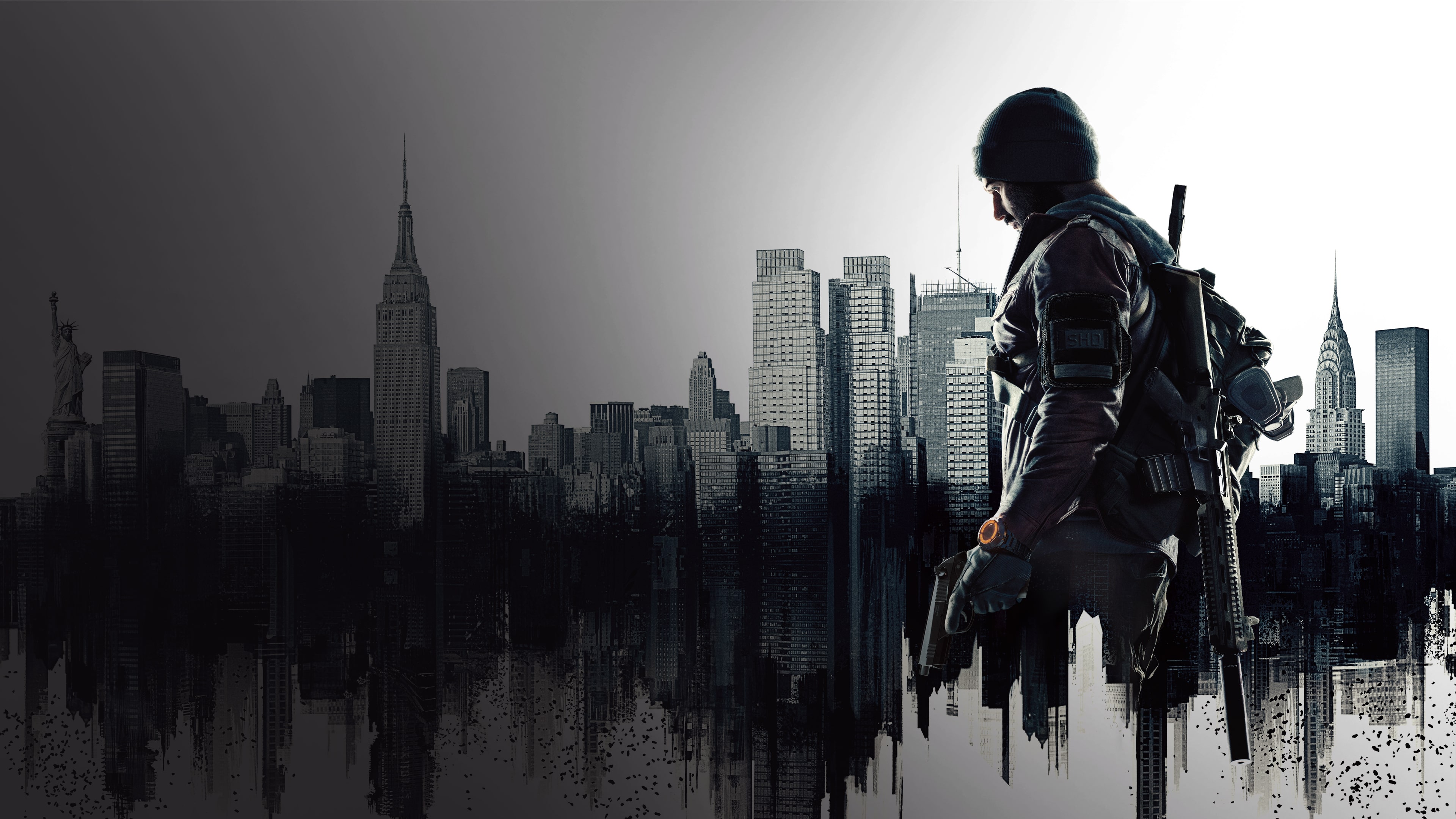A highly equipped Division Agent in advanced tactical gear overlooking a ruined, post-collapse cityscape.