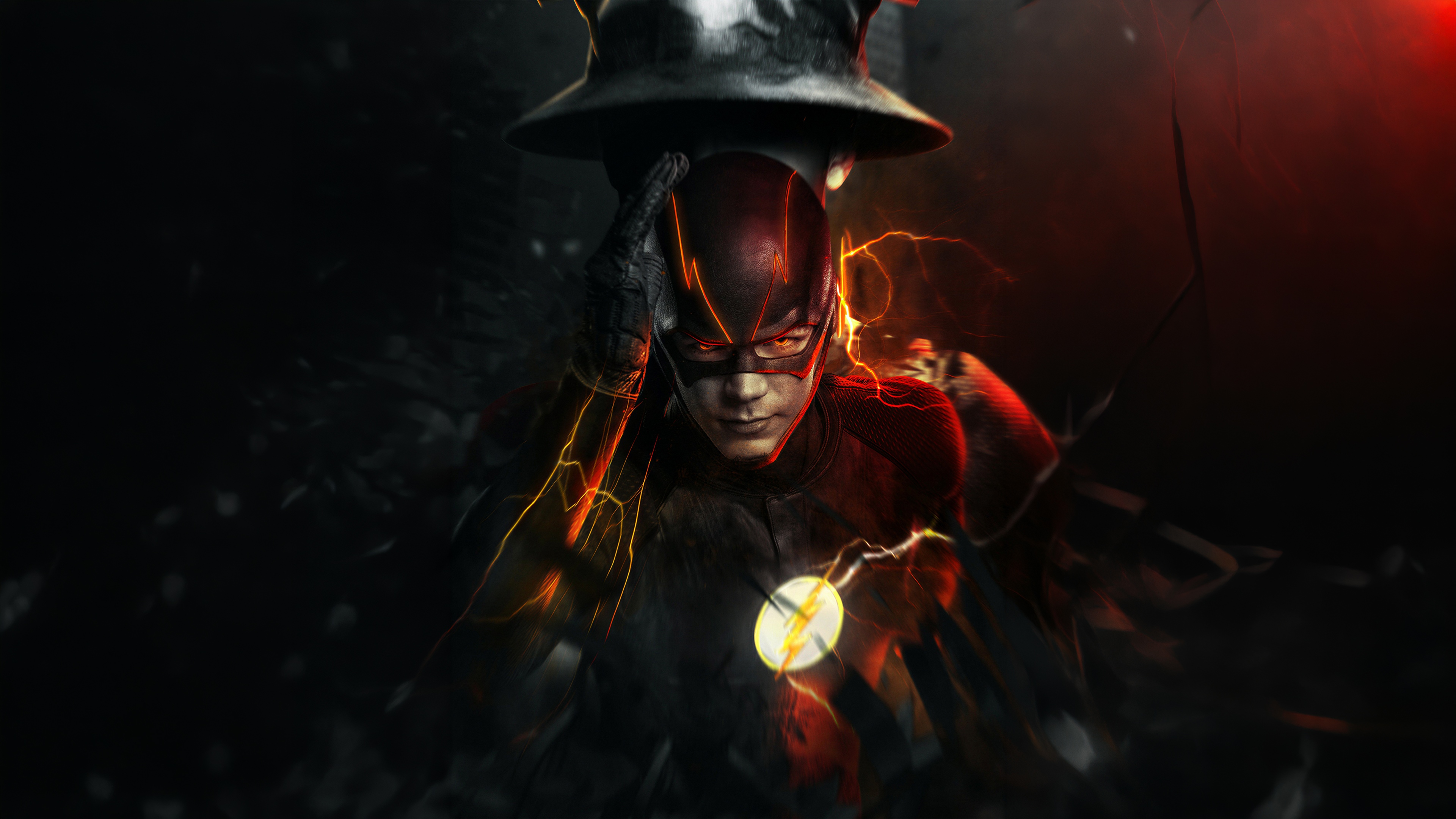 A cinematic and badass portrait of Barry Allen as The Flash from DC Comics, featuring dark red tones and intense lighting.