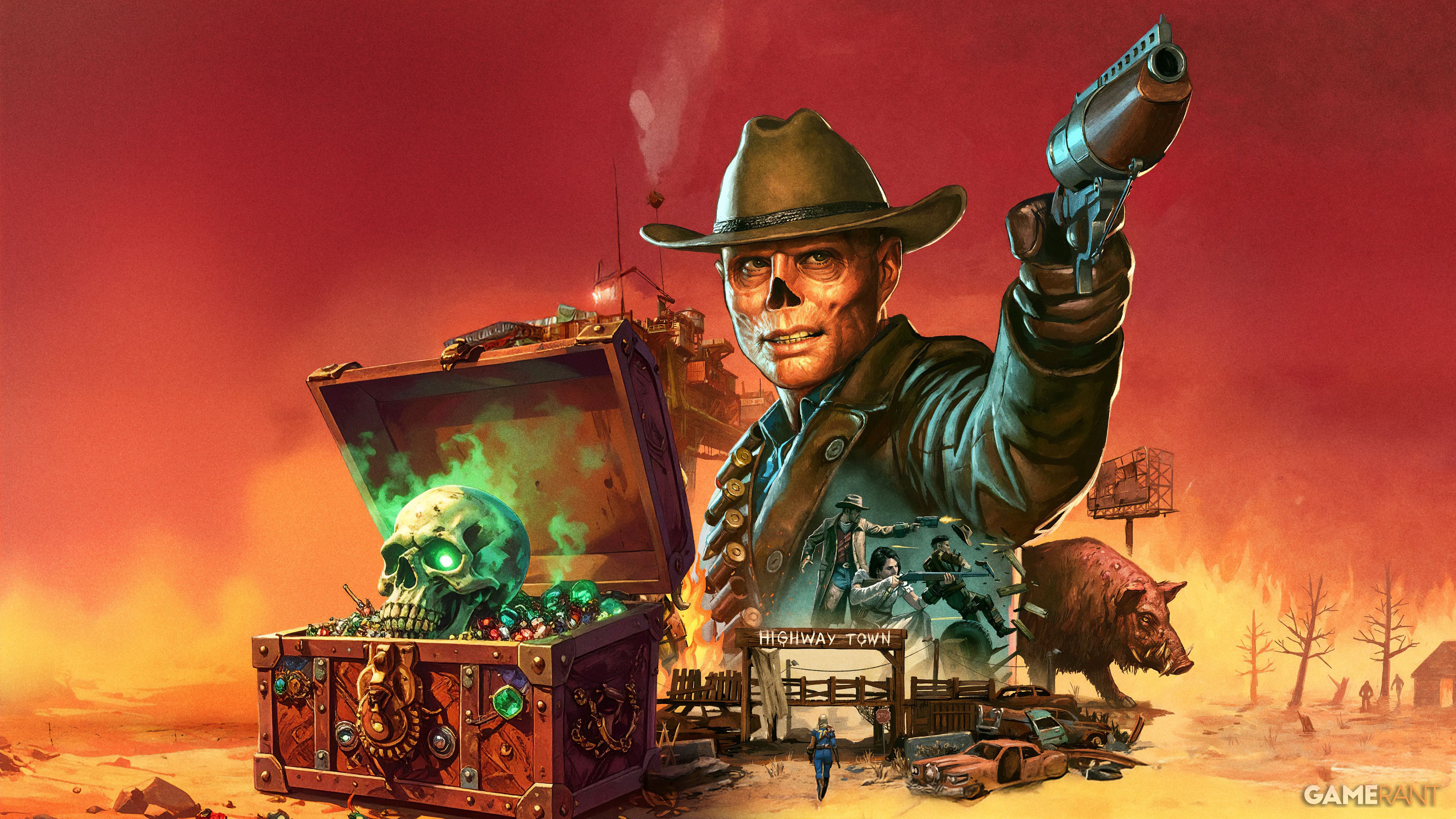 A weathered and mutated Ghoul from the Fallout universe standing in a post-apocalyptic wasteland.