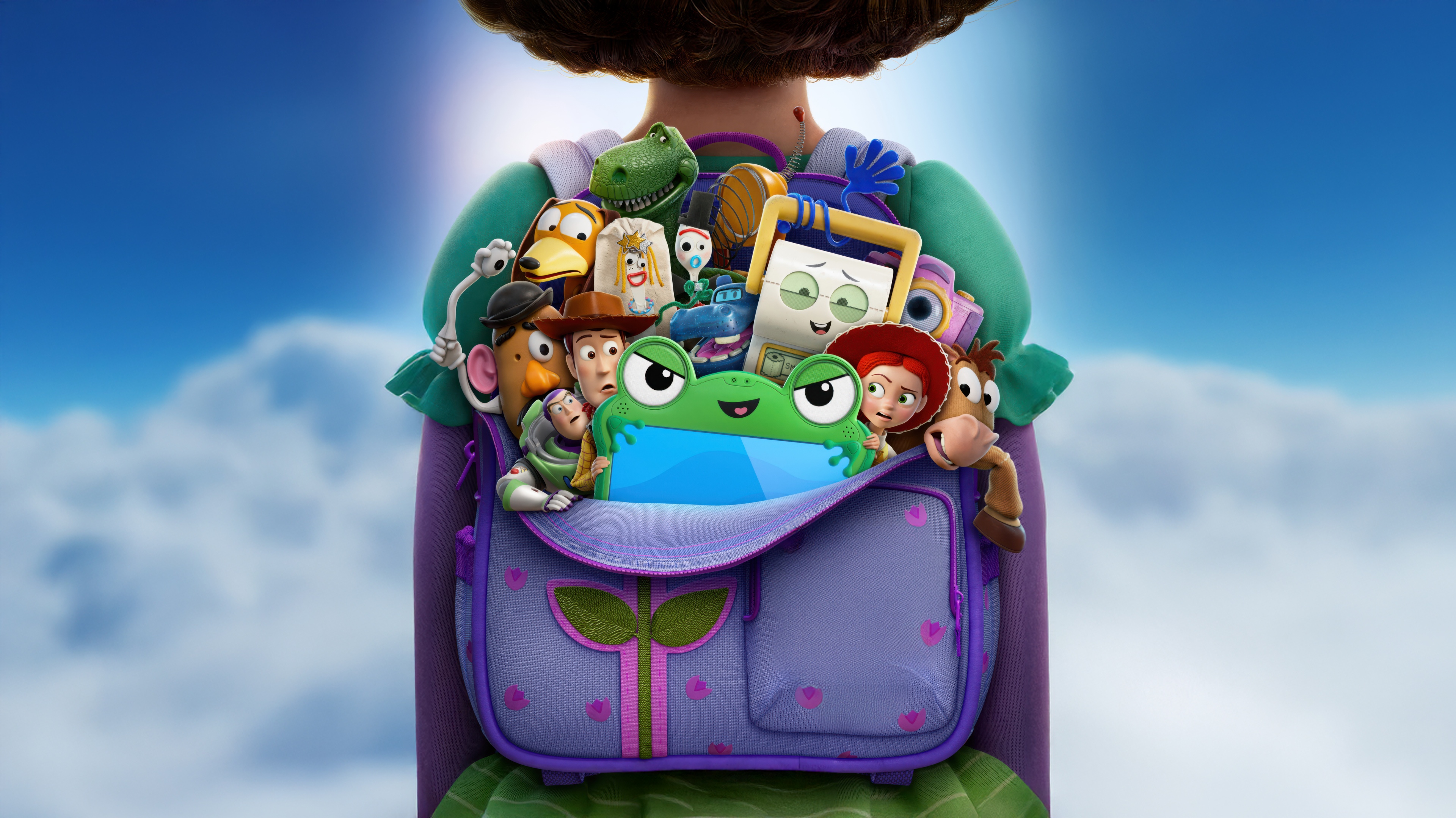 A cinematic movie poster for Pixar's Toy Story 5, showcasing characters from the Toy Story franchise on a green lilypad.
