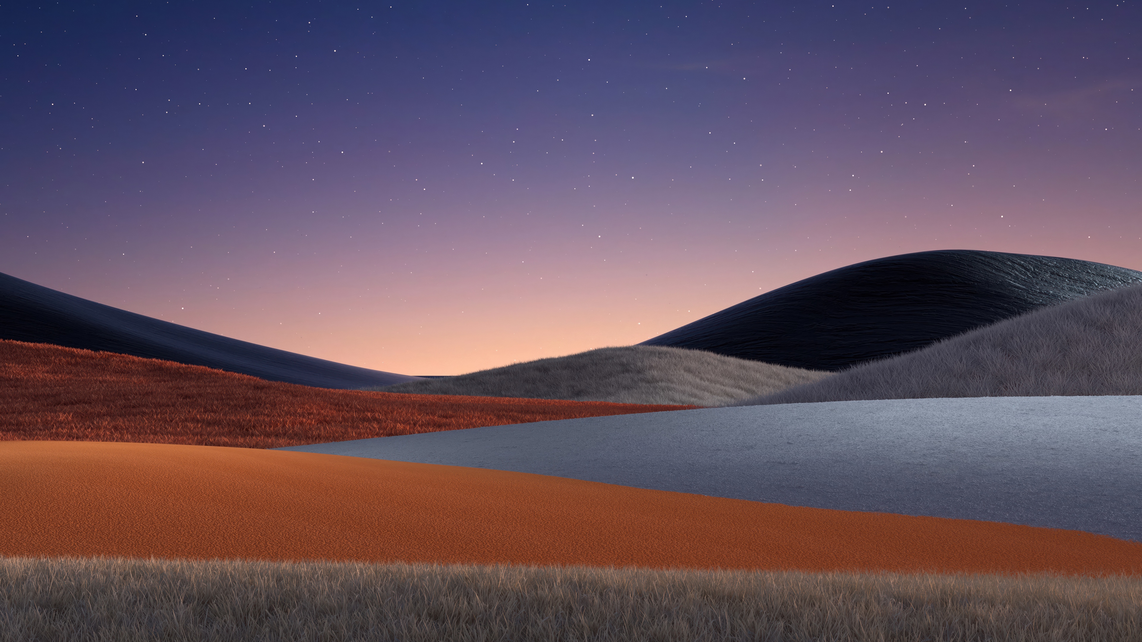 A serene landscape of rolling green hills under a warm sunset and a vast, starry twilight sky.