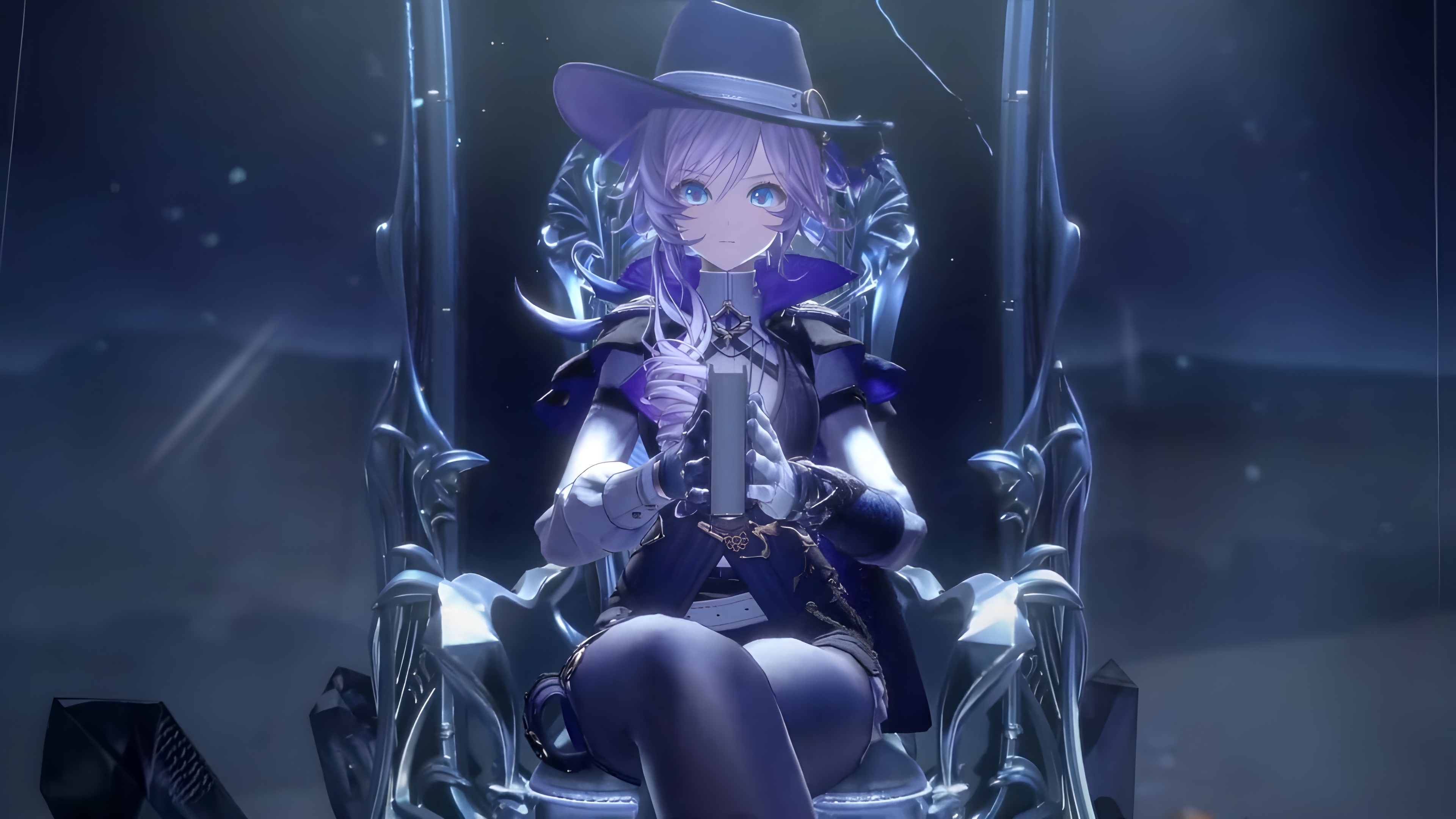 An anime girl posing within a grand silver palace, surrounded by a vibrant purple aesthetic and cinematic lighting.