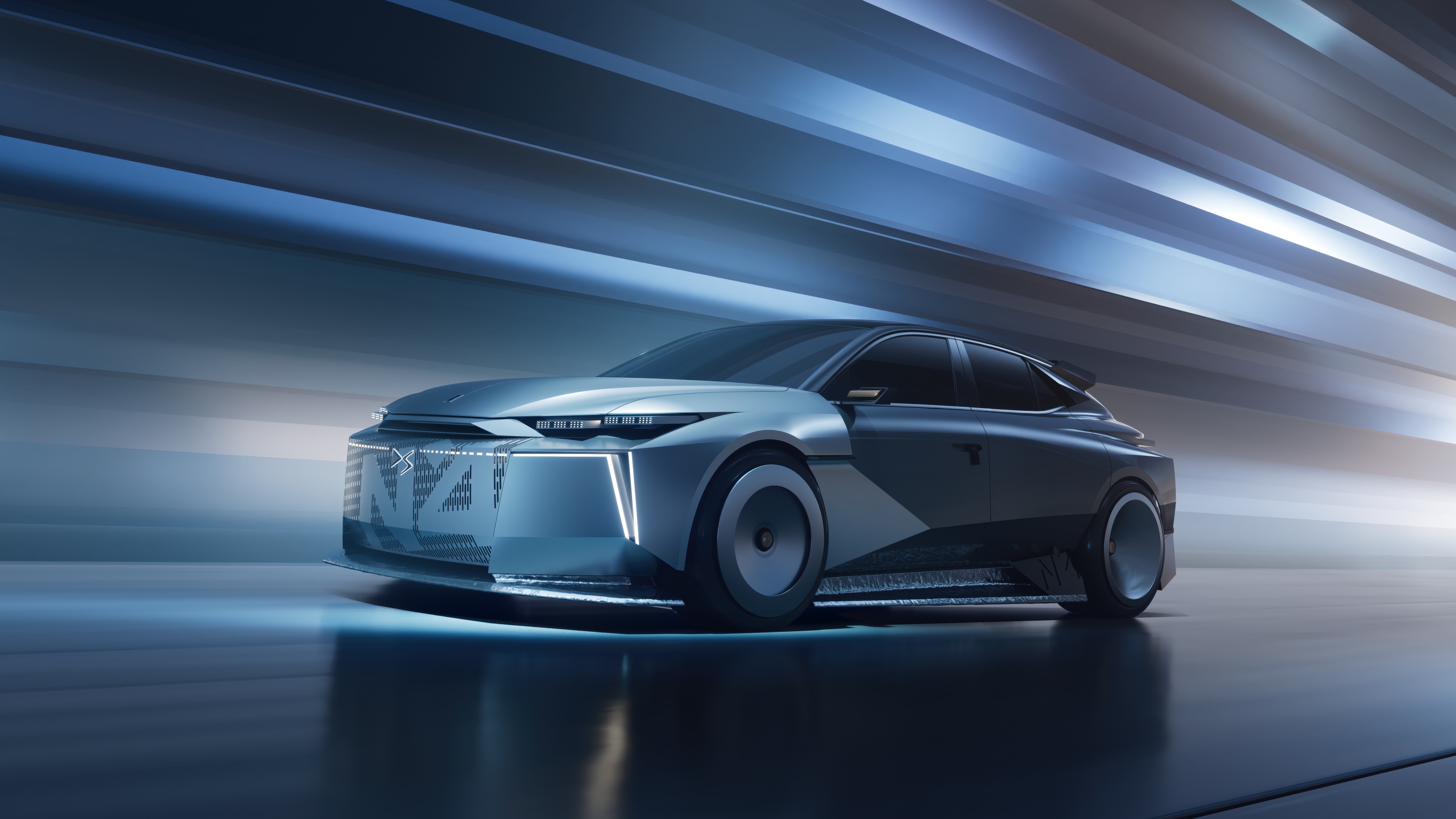 A high-detail, futuristic electric concept car with aerodynamic curves and glowing LED accents in a modern setting.