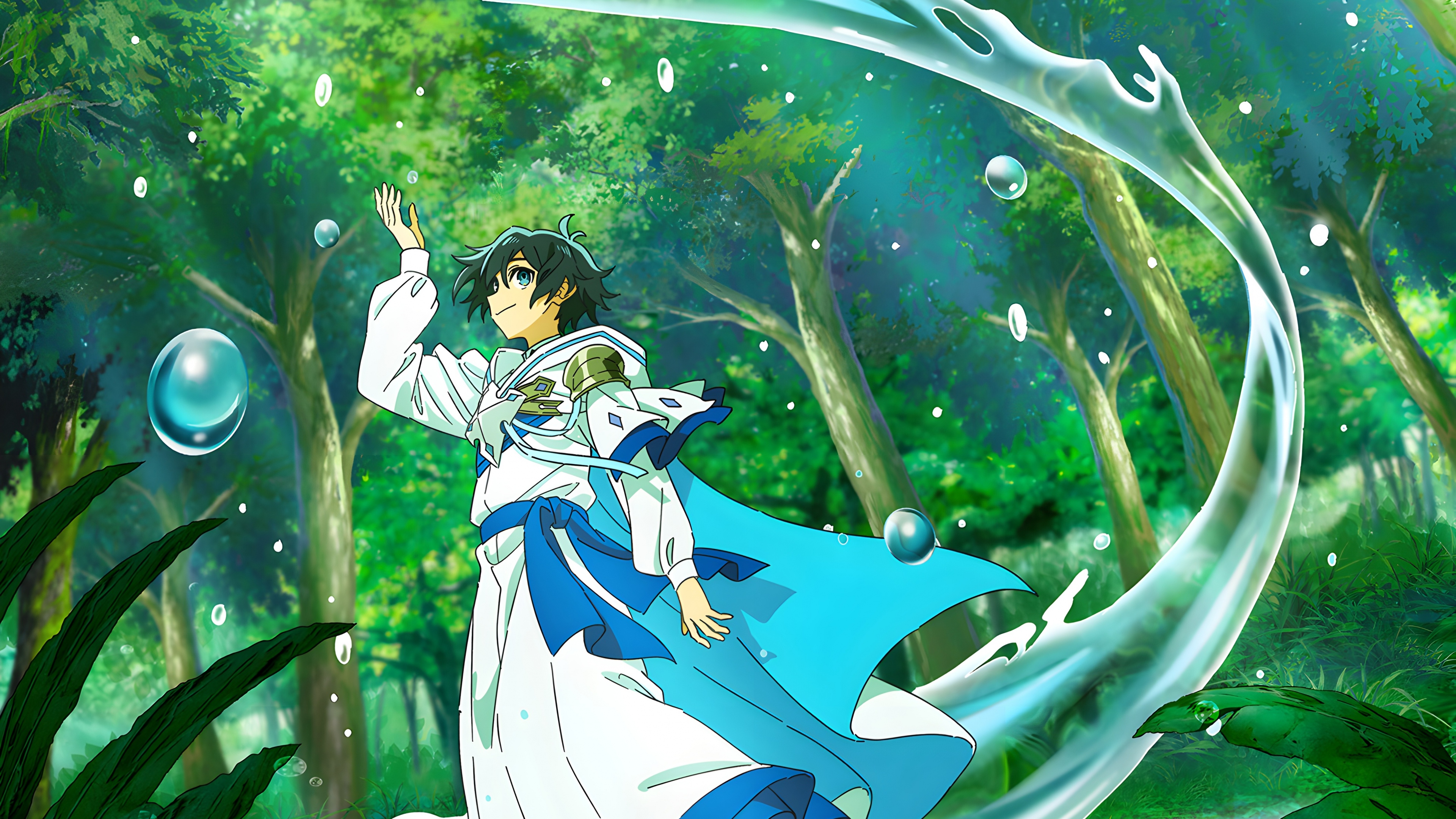 A cinematic anime-style scene of a lush, green forest with sunbeams streaming through the trees.