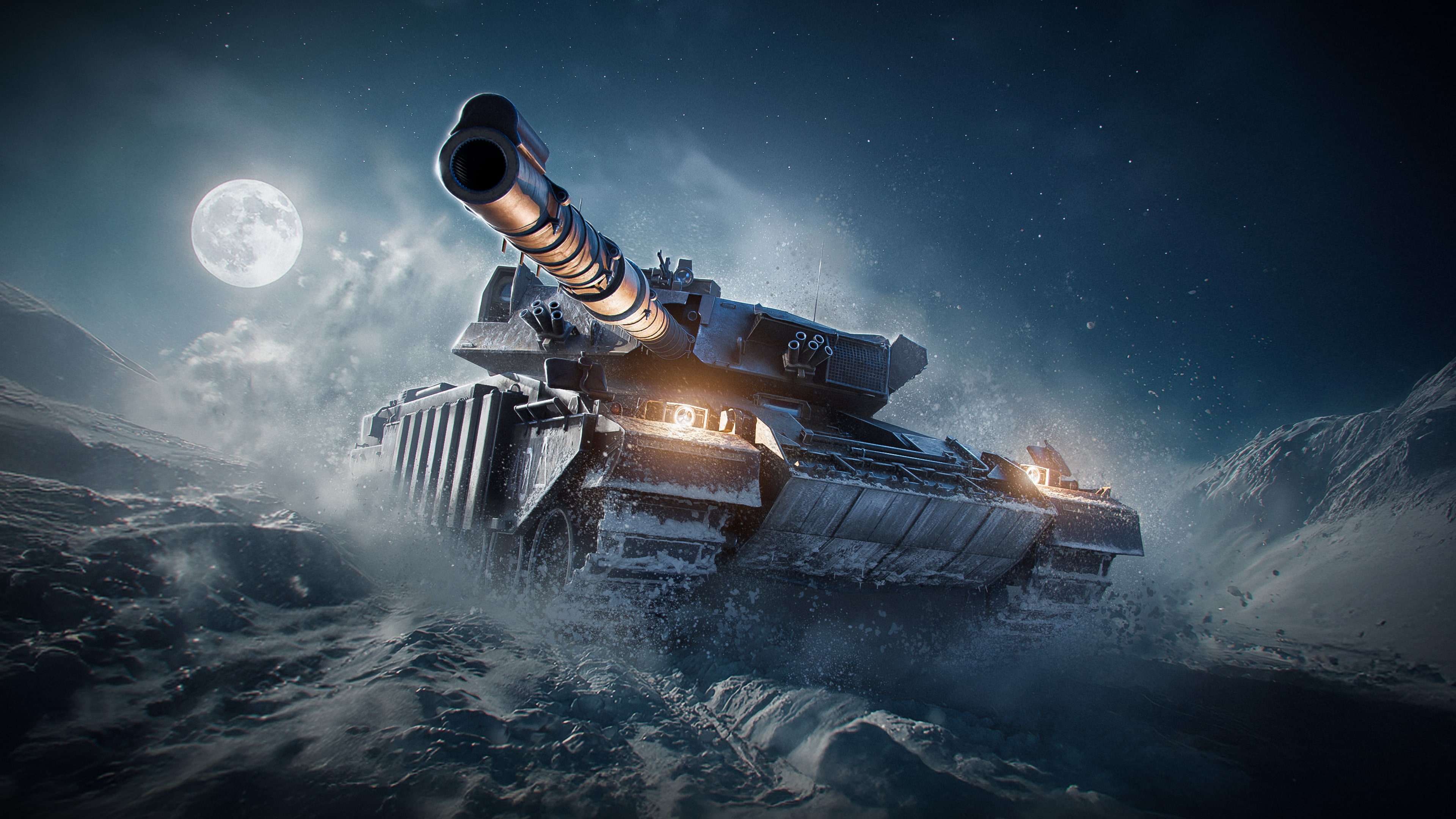 A modern main battle tank advancing through a smoky battlefield, part of a cinematic armored warfare key art.