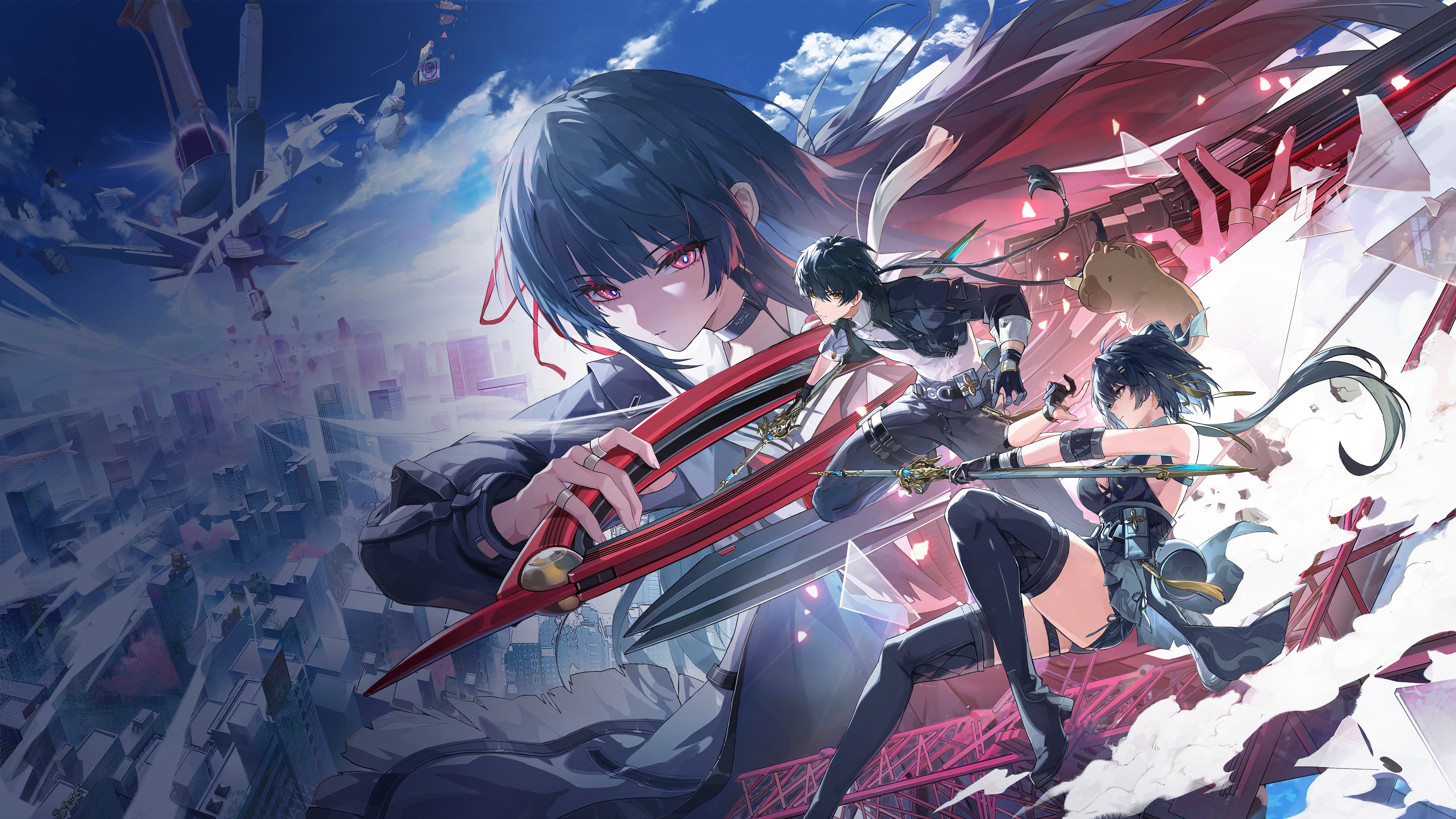 Cinematic key art from the video game Wuthering Waves featuring a stylized character in a dramatic combat stance.