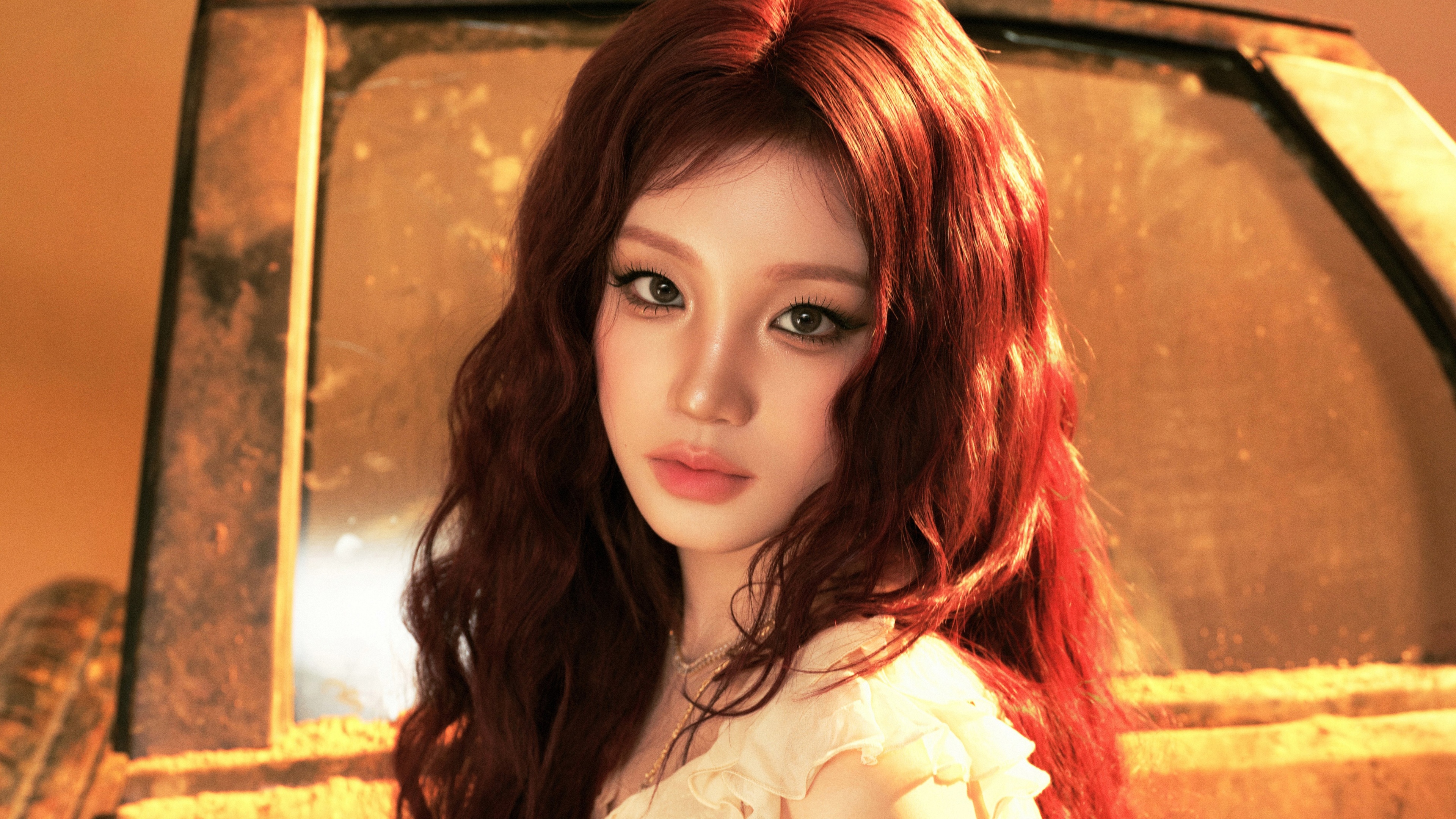 A high-detail 5K close-up portrait of K-pop singer Yuqi from the group (G)I-dle.