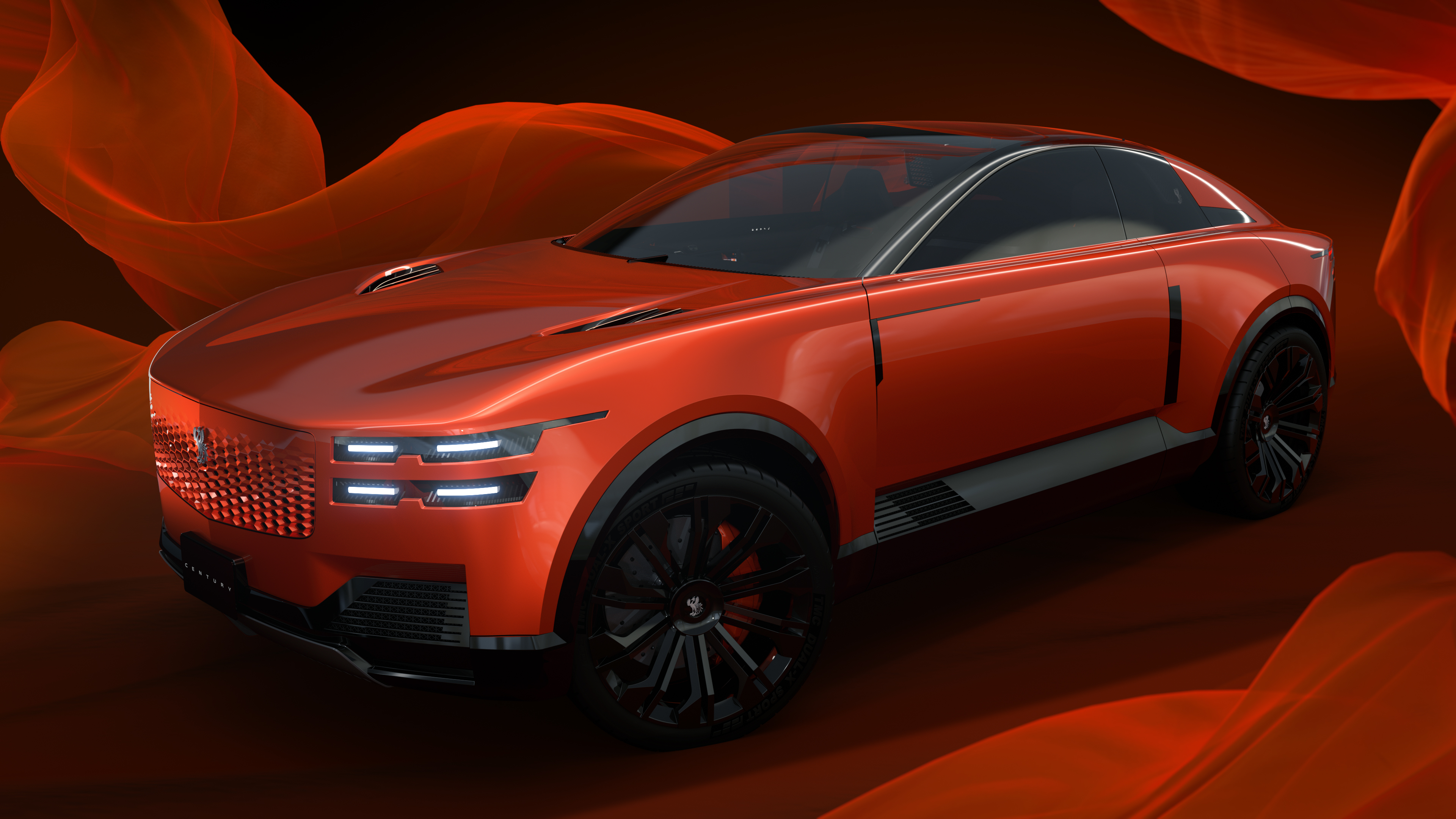 A futuristic red Century Coupe concept car with a sleek, aerodynamic body and luxury design.