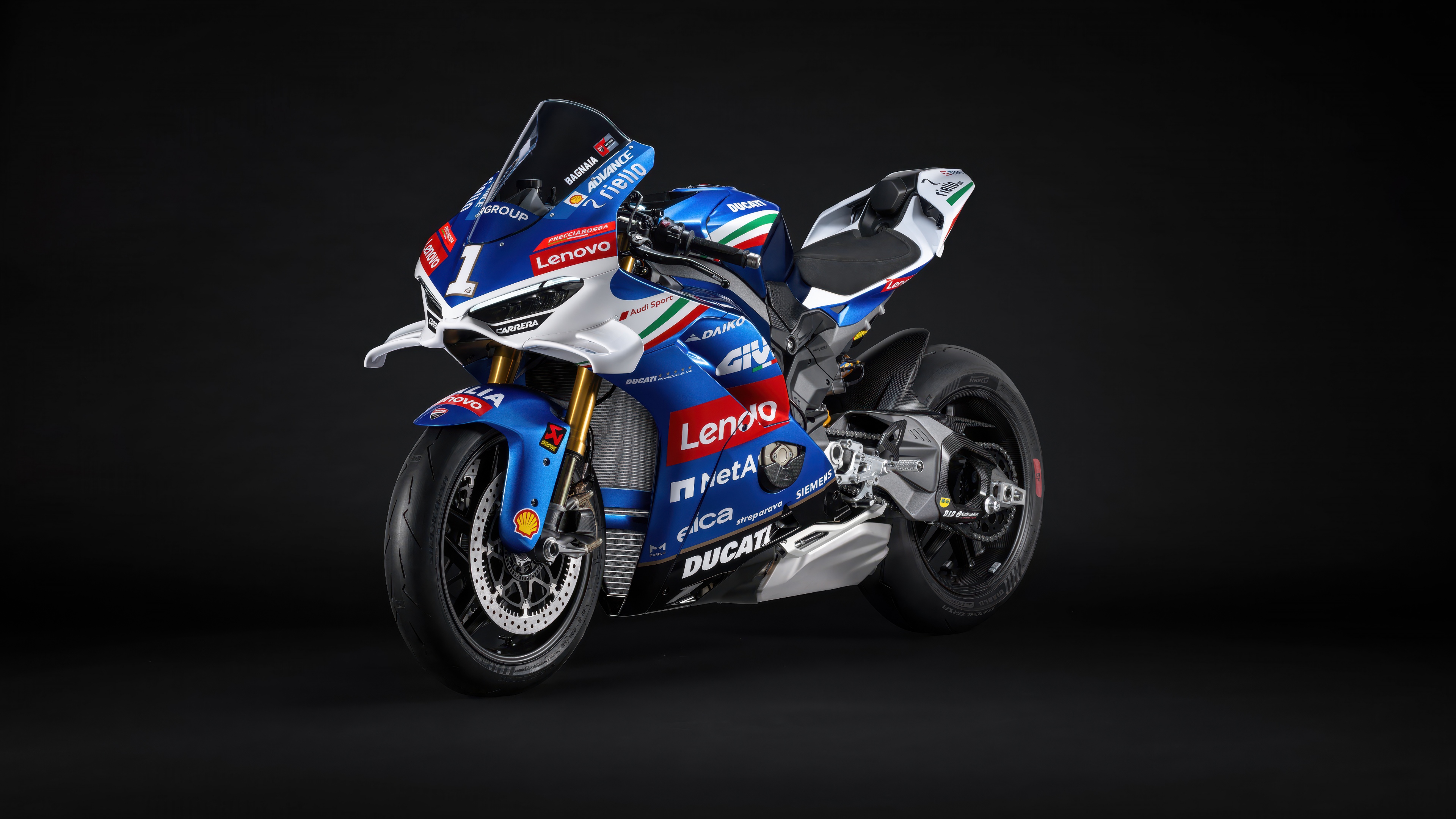 A high-resolution, dramatic shot of the 2025 Ducati Panigale V4 Tricolore sports bike against a deep dark background.