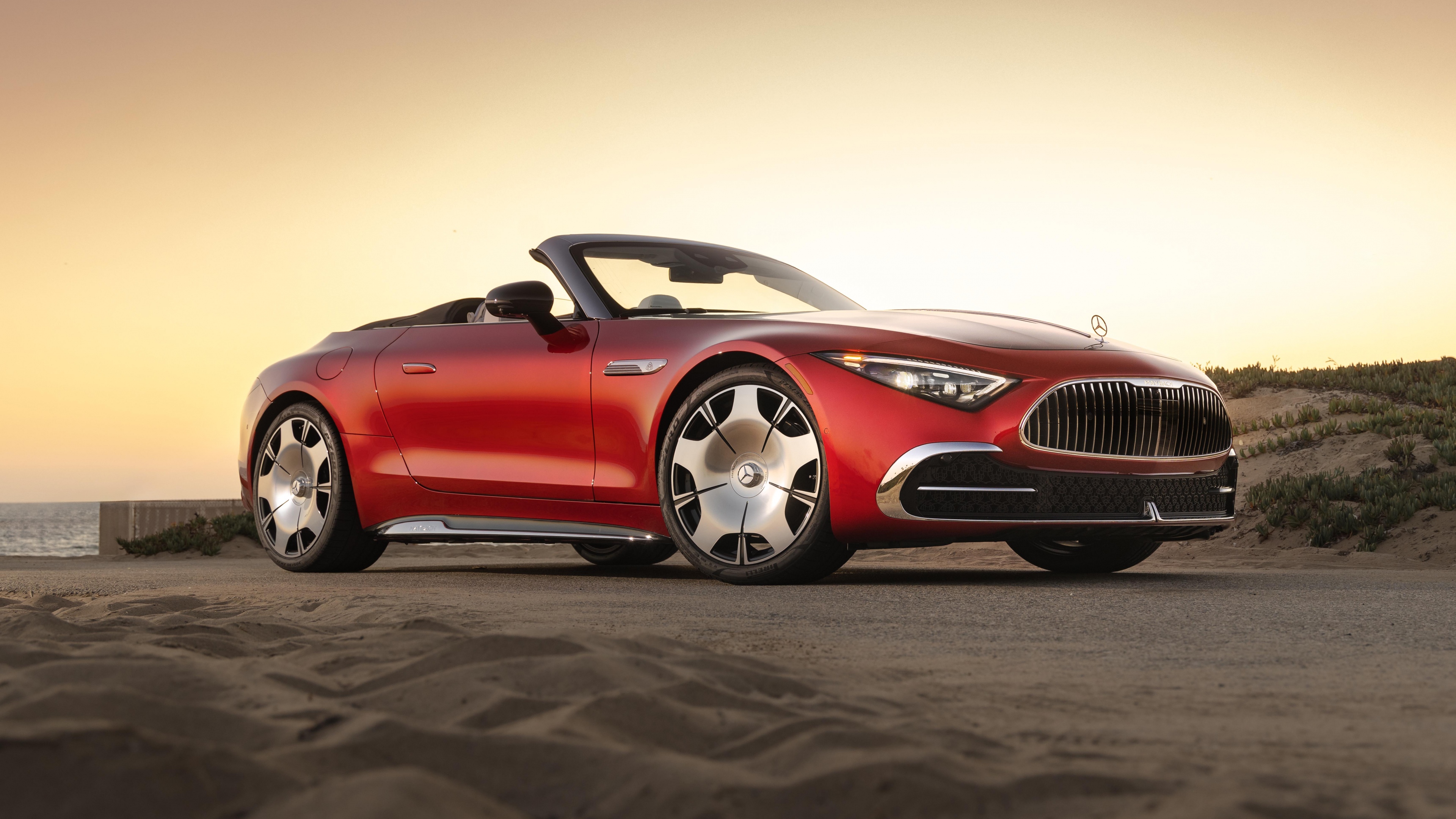 A detailed, 8K resolution close-up of the 2026 Mercedes-Maybach SL 680 luxury convertible showcasing its premium metallic paint and sleek design.