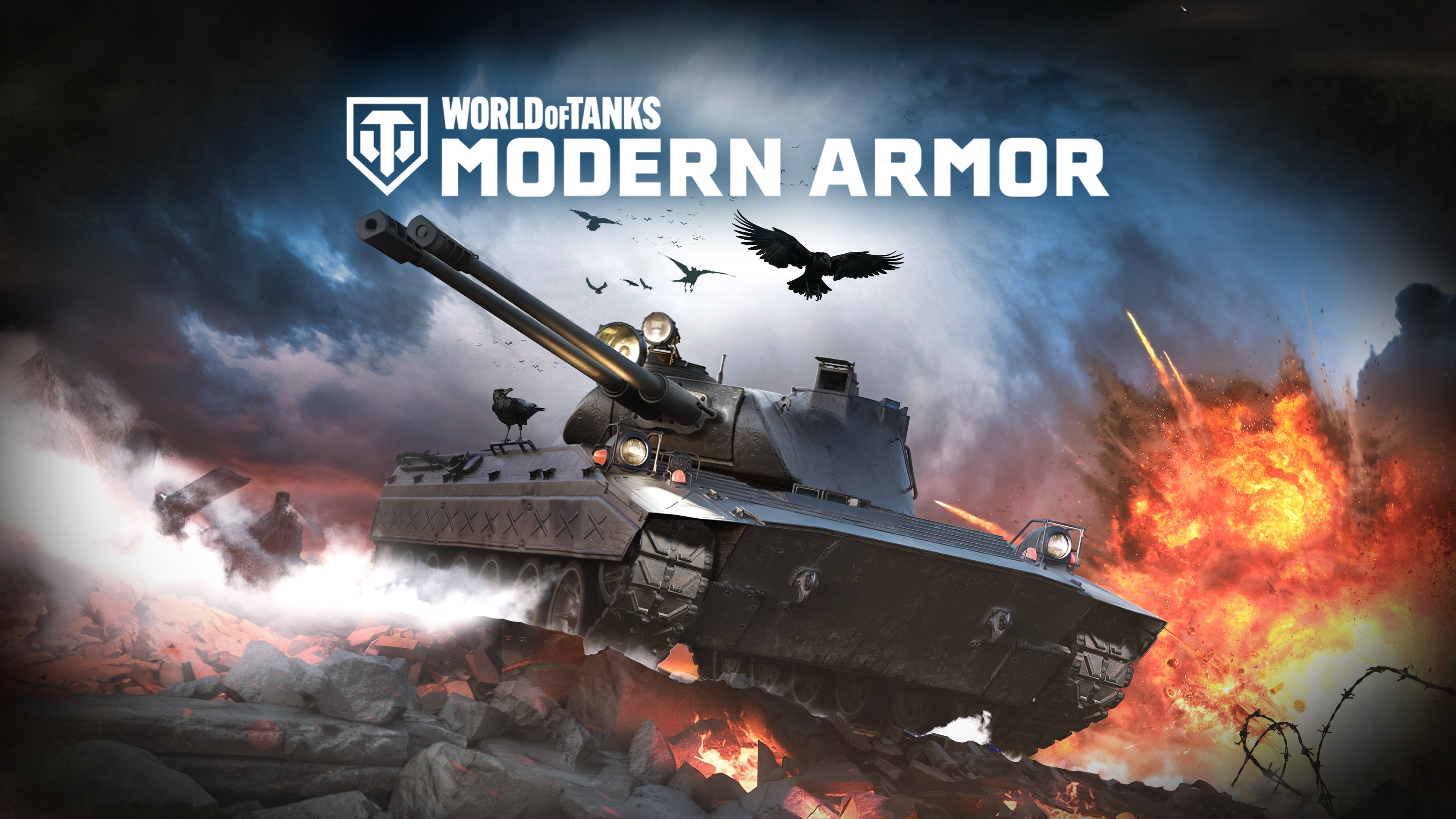 A detailed modern battle tank with advanced composite armor and futuristic weaponry in a cinematic warzone.