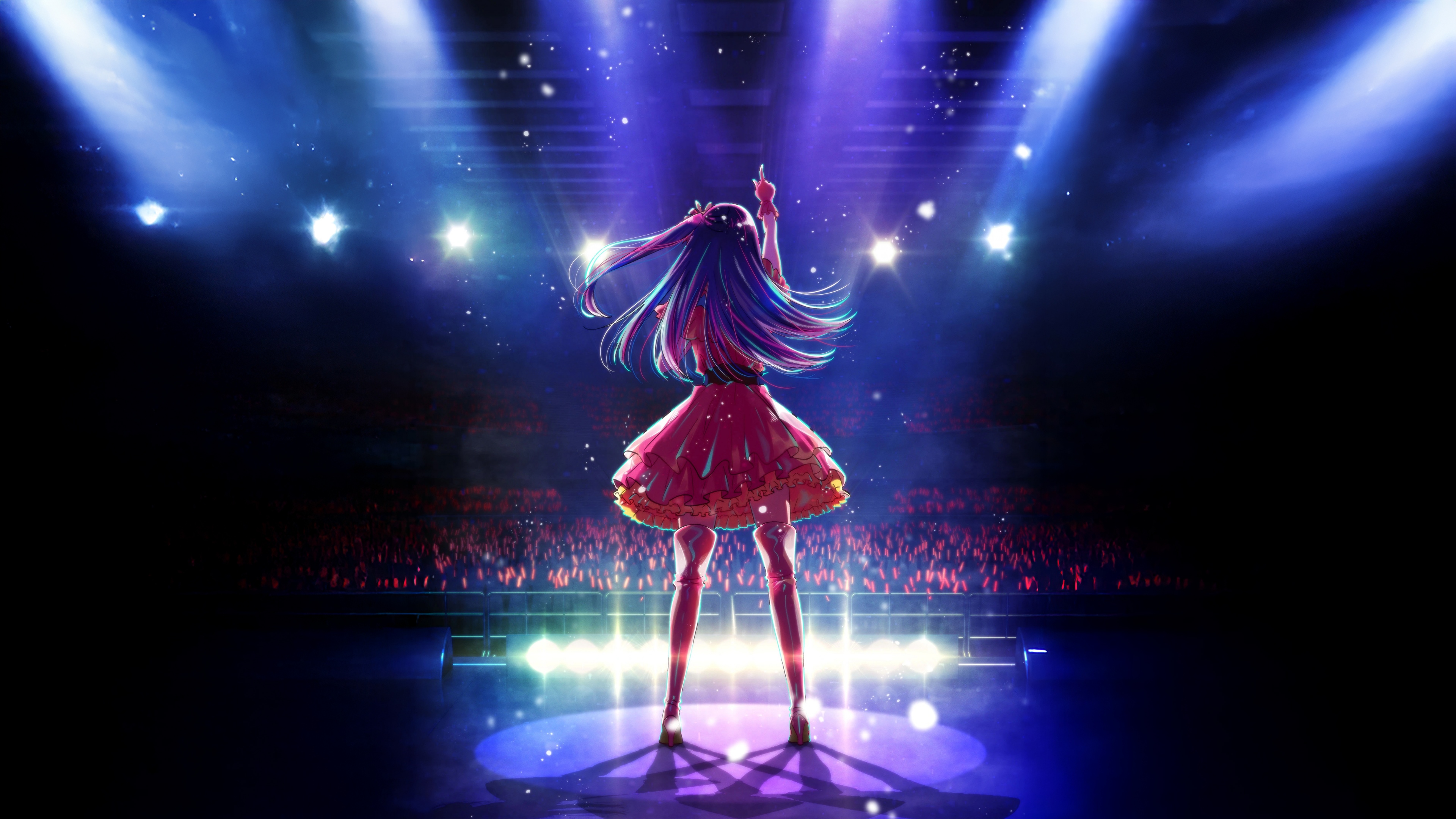 Ai Hoshino from Oshi no Ko performing on stage under a bright spotlight during a live idol concert