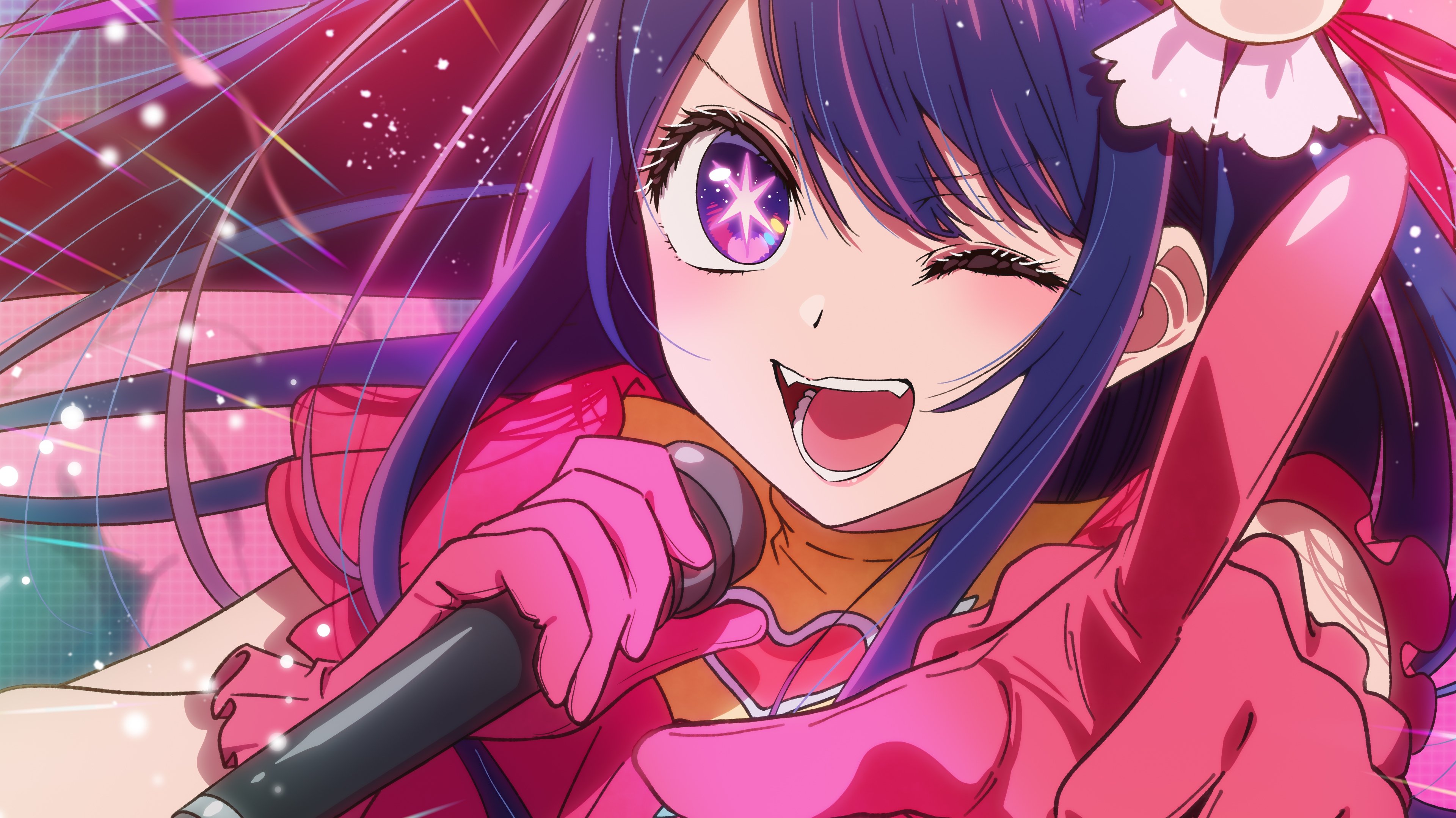 Ai Hoshino from Oshi no Ko winking and singing while wearing a pink dress