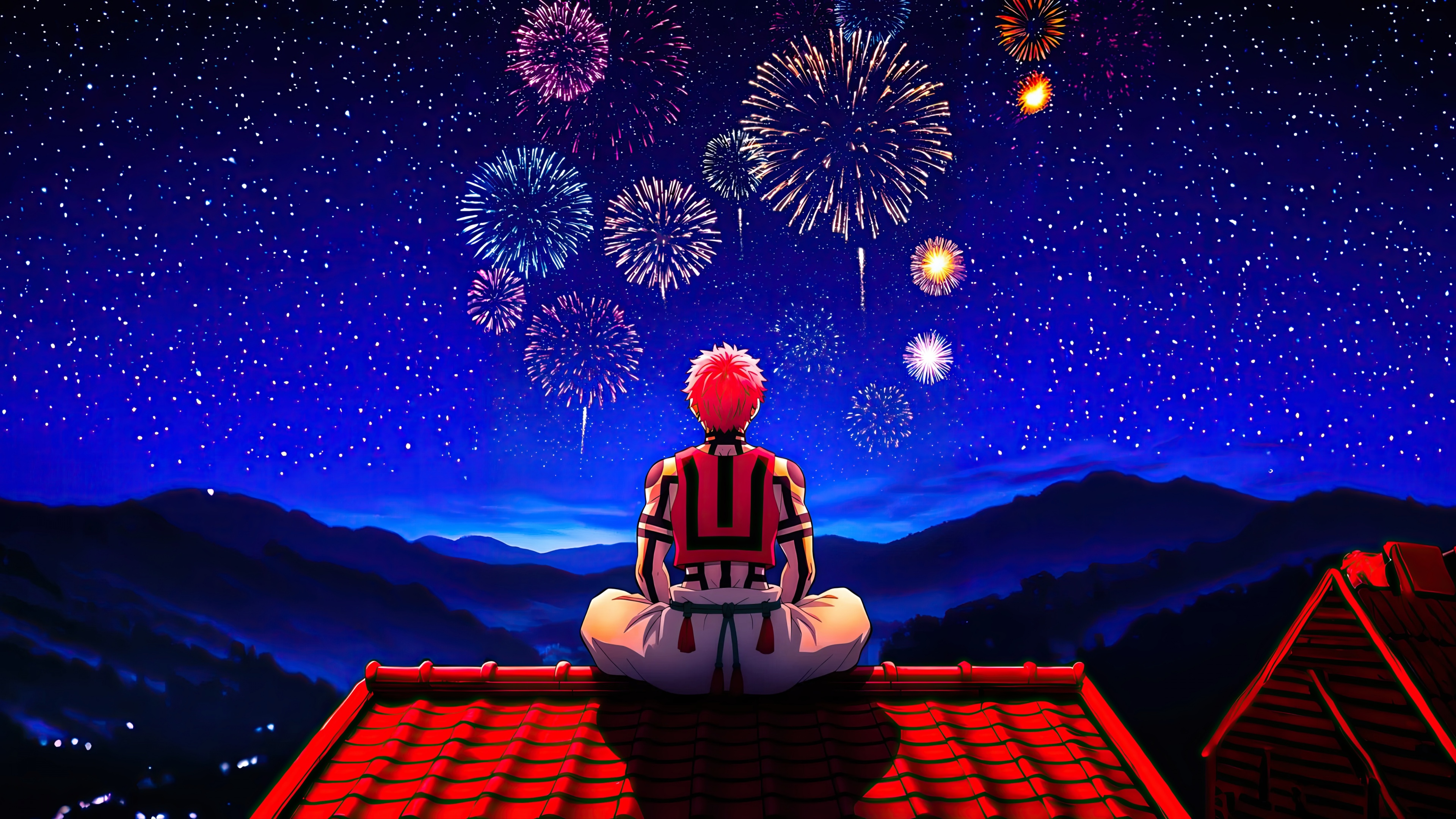 Akaza from Demon Slayer: Kimetsu No Yaiba standing on a rooftop beneath a night sky filled with colorful fireworks.