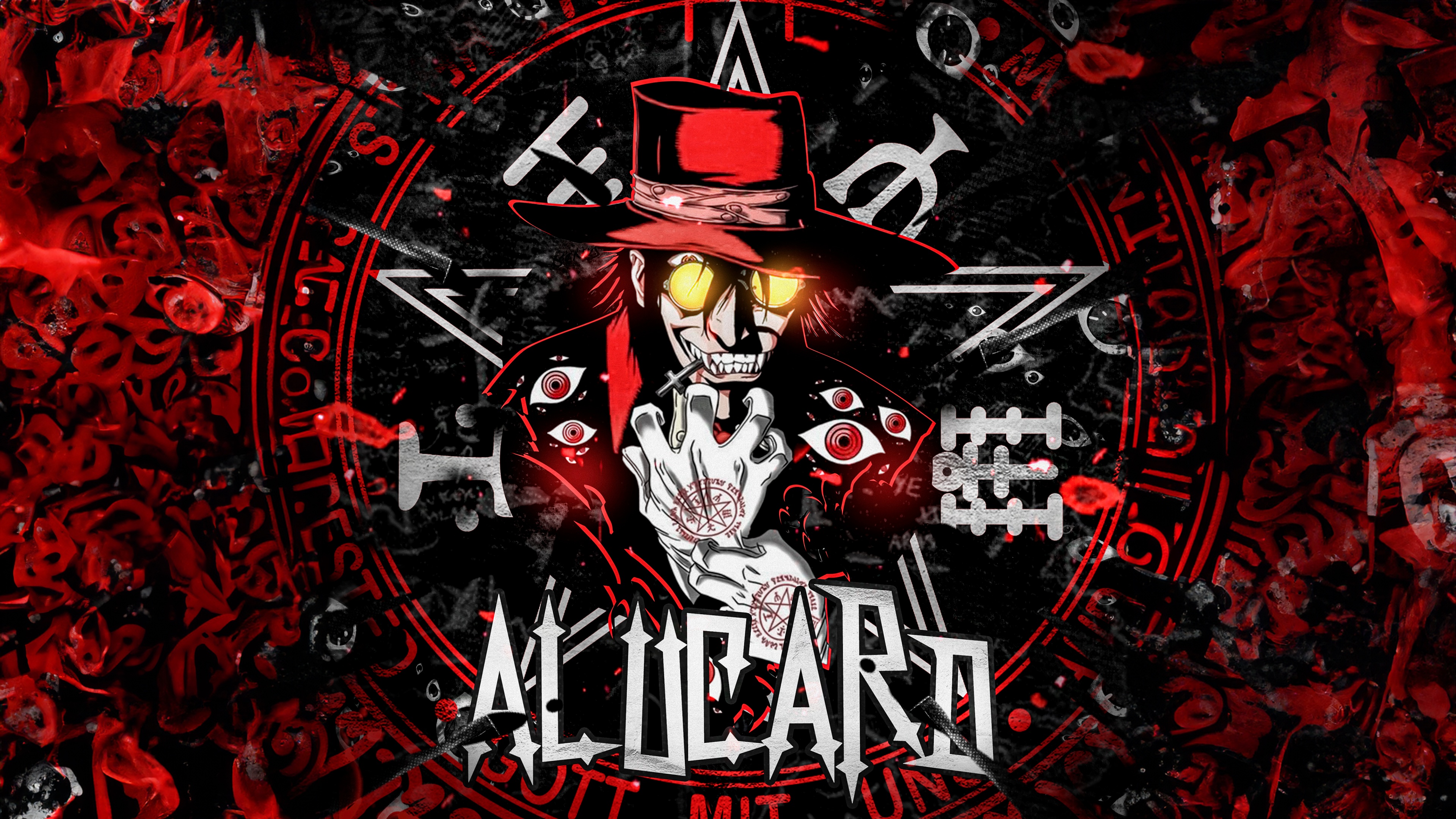 A detailed portrait of Alucard from the Hellsing anime series against a vibrant red background.