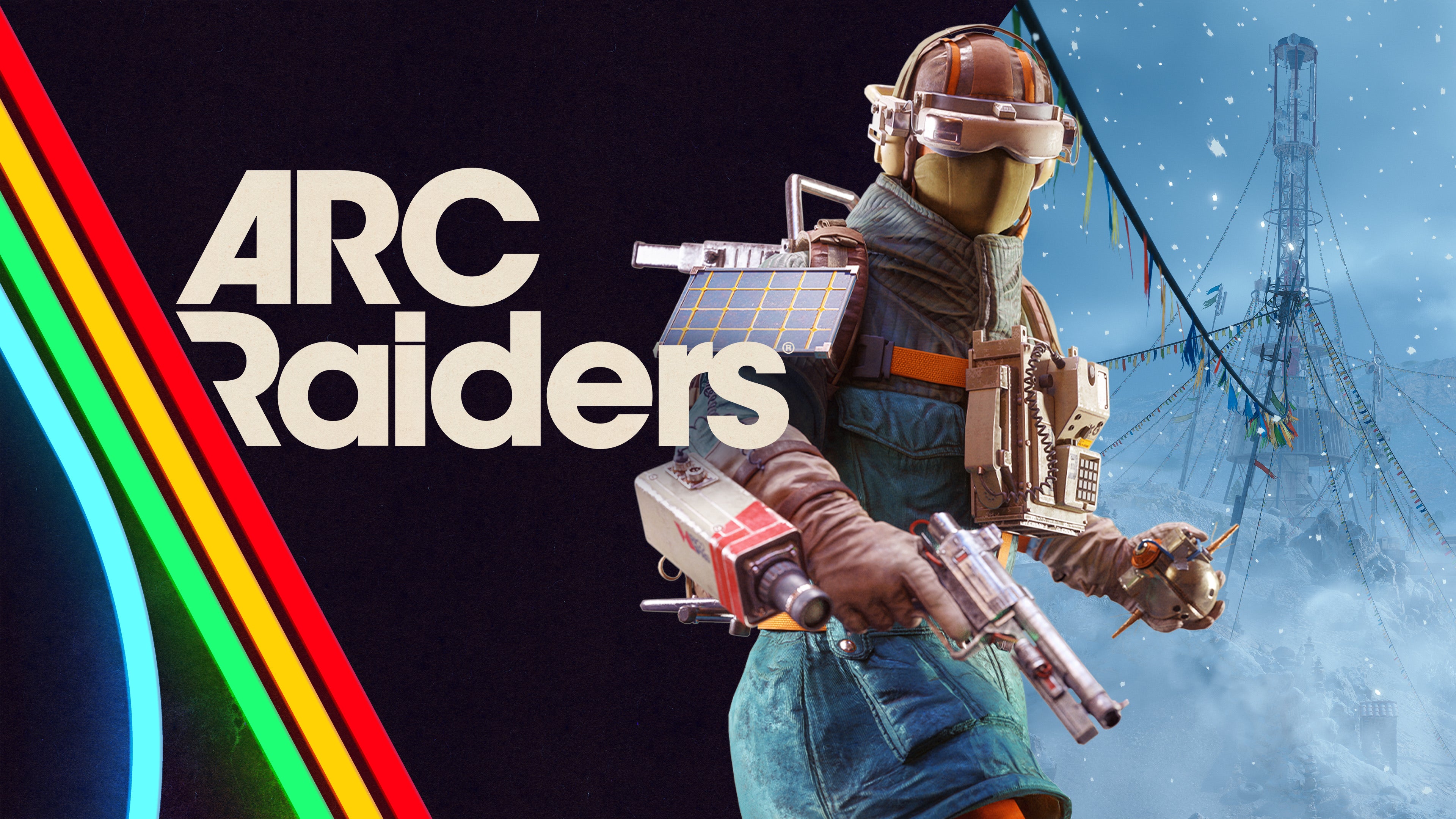 A battle-worn scavenger standing in a post-apocalyptic wasteland, surrounded by the looming robotic presence of the ARC Raiders universe.