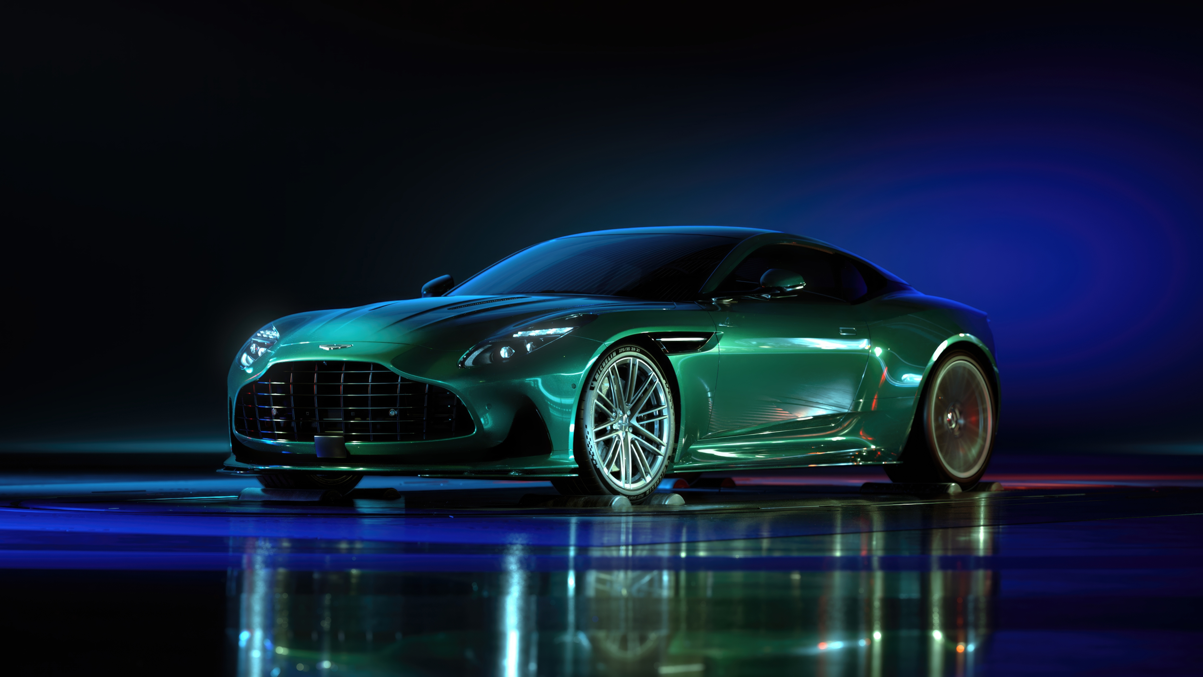A sleek green Aston Martin DB12 sports car featuring elegant light reflections on its bodywork.