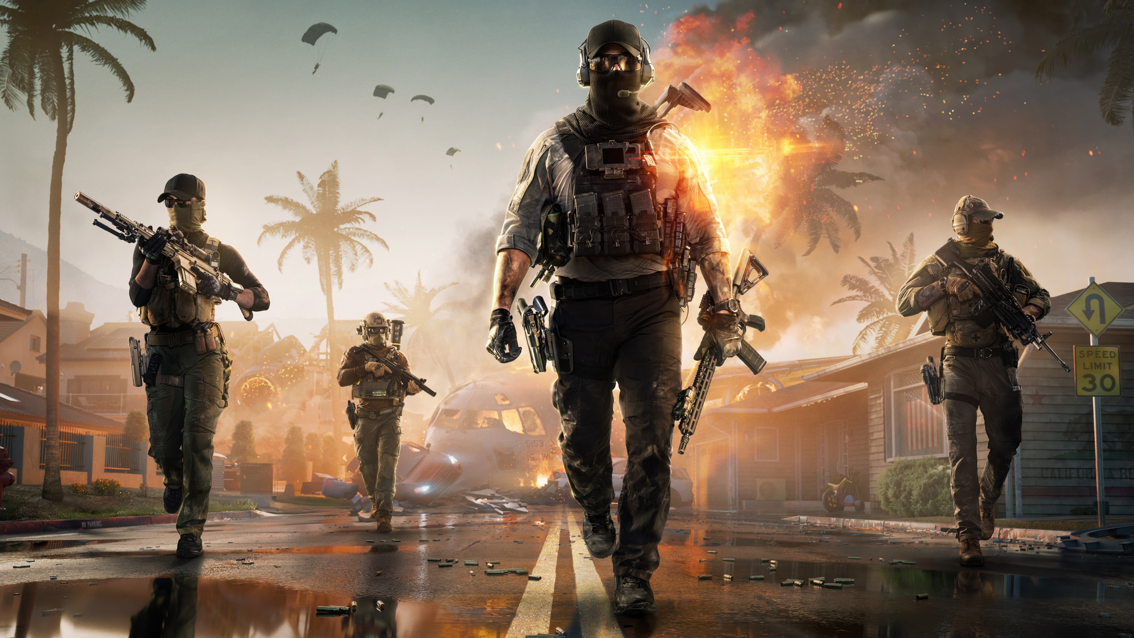 A tactical soldier in advanced combat gear surveying a war-torn landscape in the game Battlefield REDSEC.