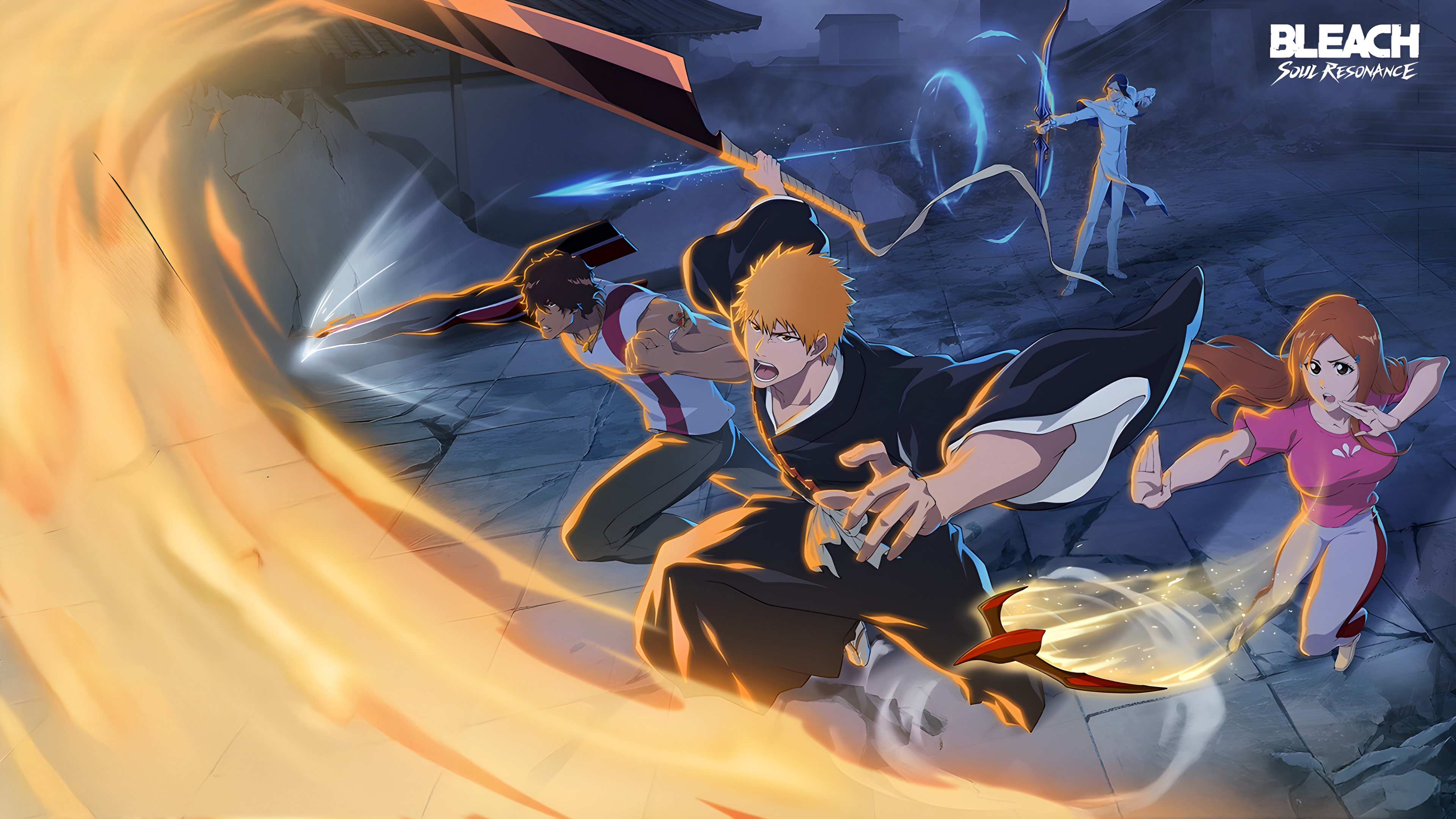 Ichigo Kurosaki and Orihime Inoue from the anime Bleach in a cinematic mobile game art style.
