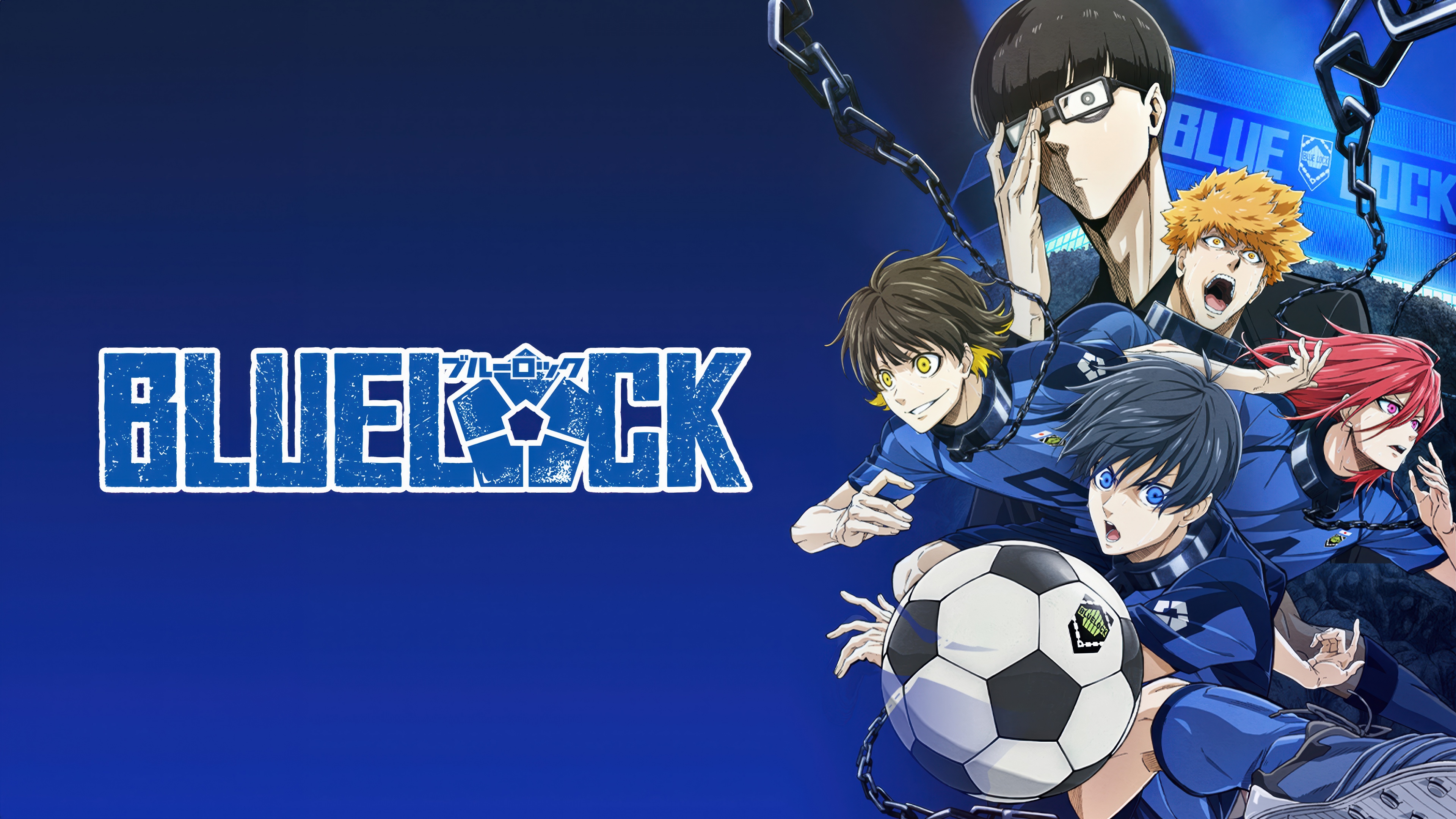 A group lineup of Blue Lock characters including Yoichi Isagi, Meguru Bachira, Hyoma Chigiri, Rensuke Kunigami, and Jinpachi Ego.