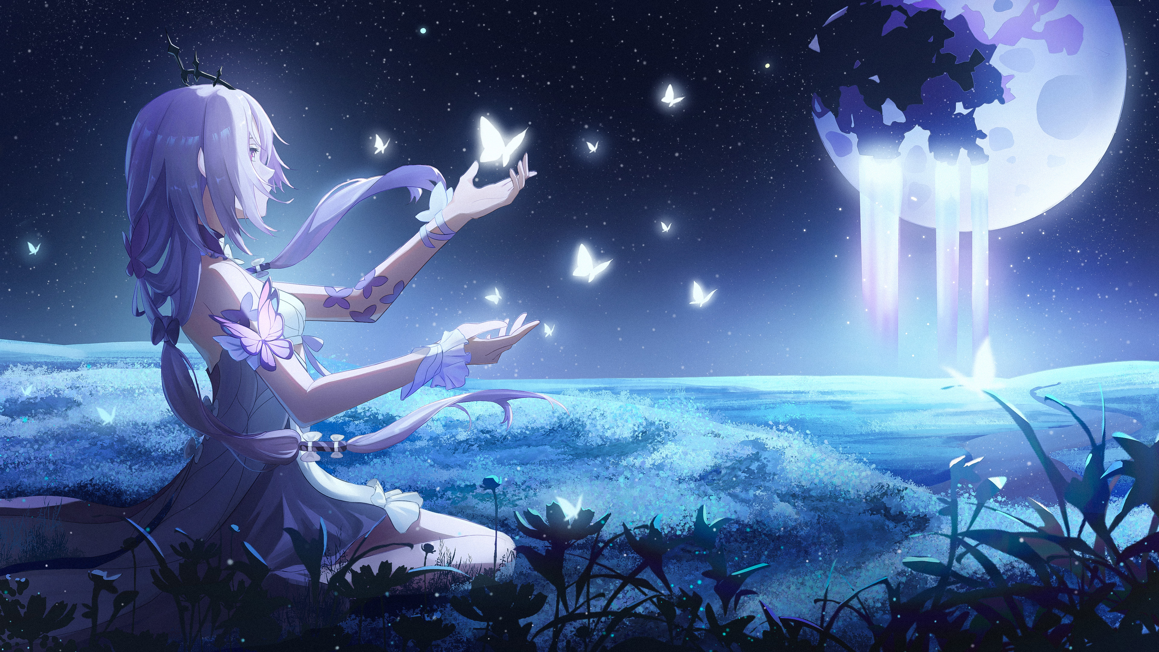 Anime girl Castorice surrounded by glowing butterflies under a bright moon and night sky, Honkai: Star Rail aesthetic.