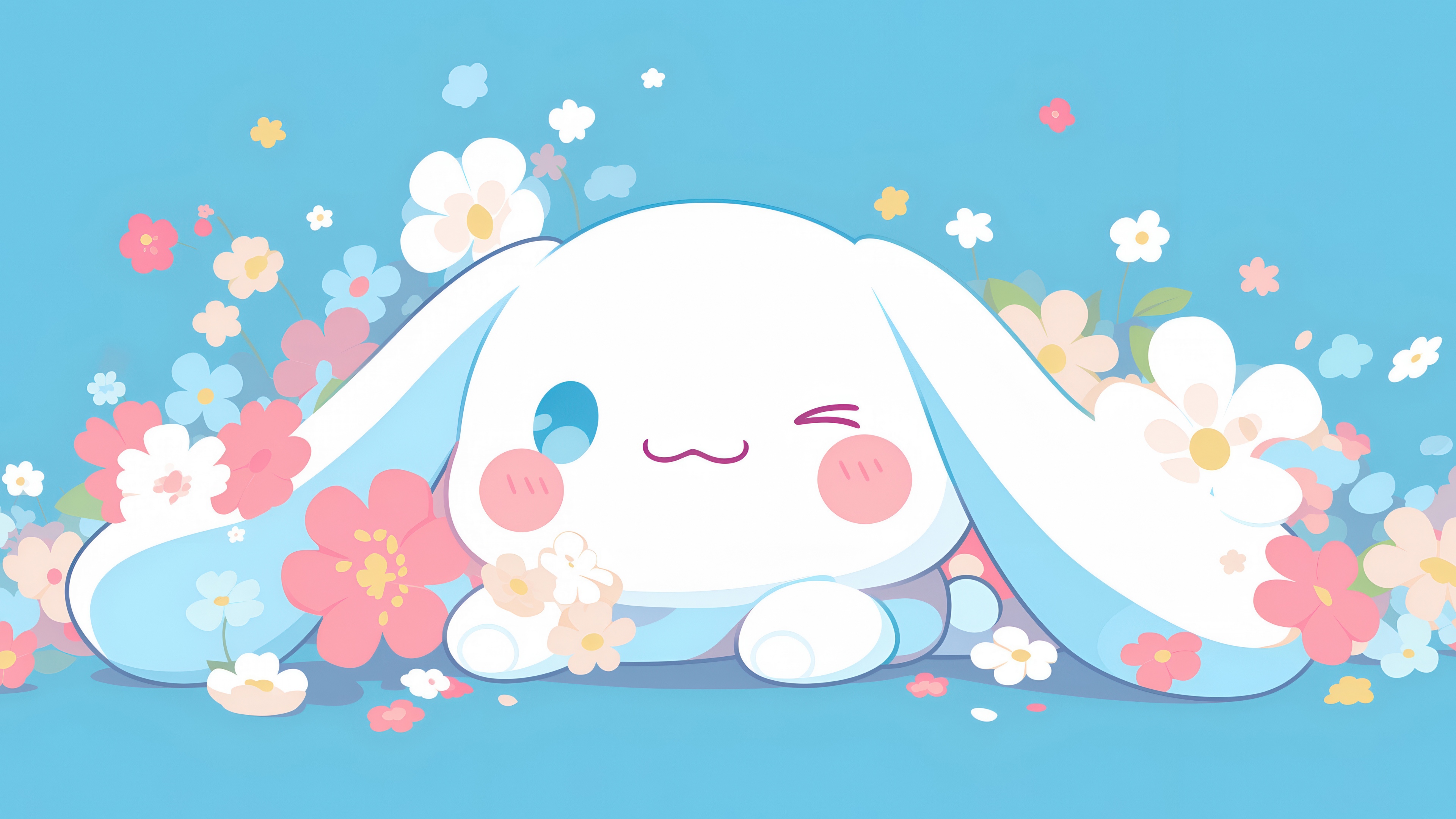Cinnamoroll from Sanrio surrounded by pastel flowers in a cute floral illustration.