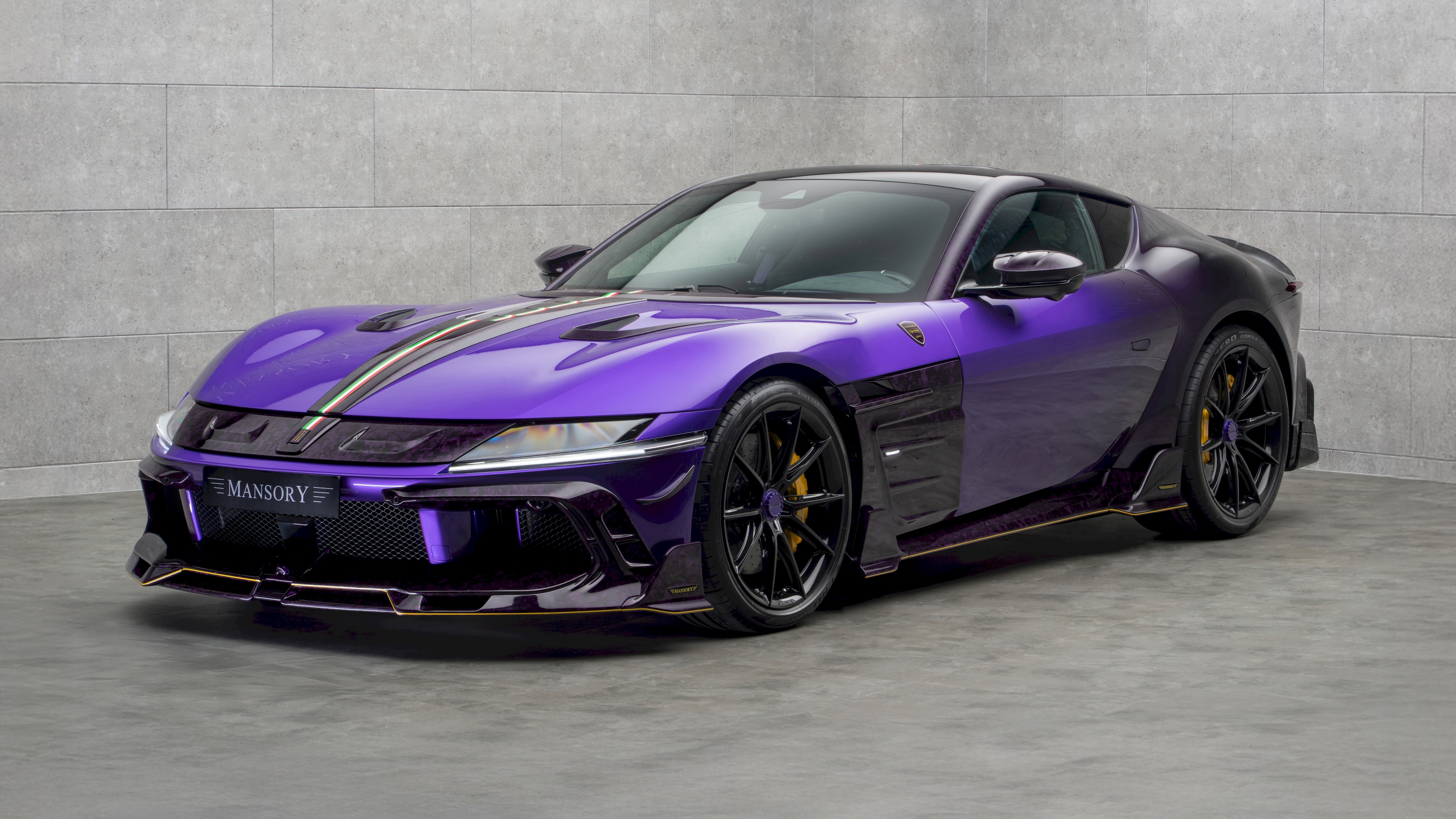 A high-detail, 5K resolution view of a custom-tuned Ferrari 12Cilindri supercar with enhanced aerodynamic features and custom bodywork.