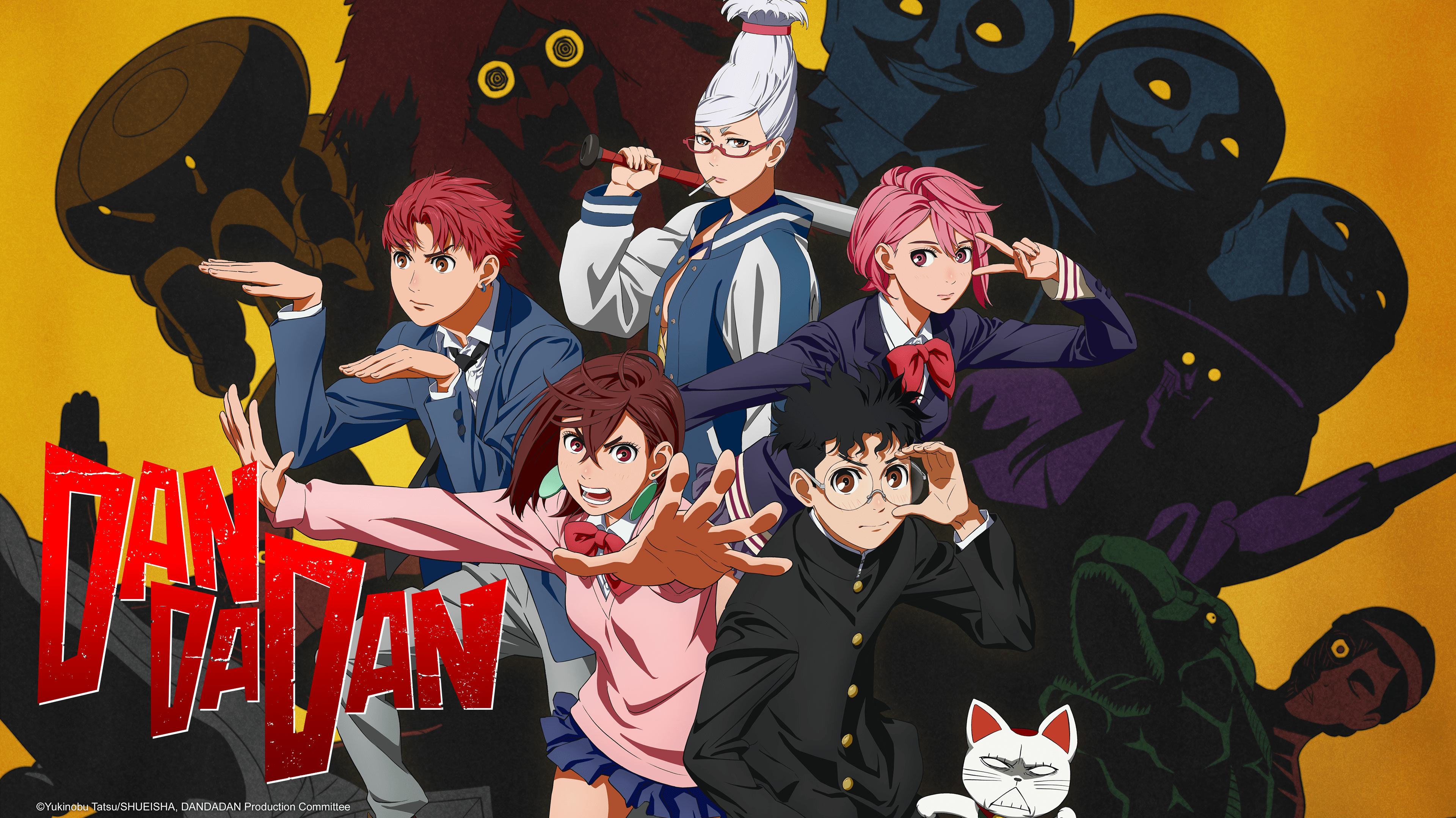 A vibrant anime poster displaying Momo Ayase and Okarun from Dandadan in a dramatic composition.