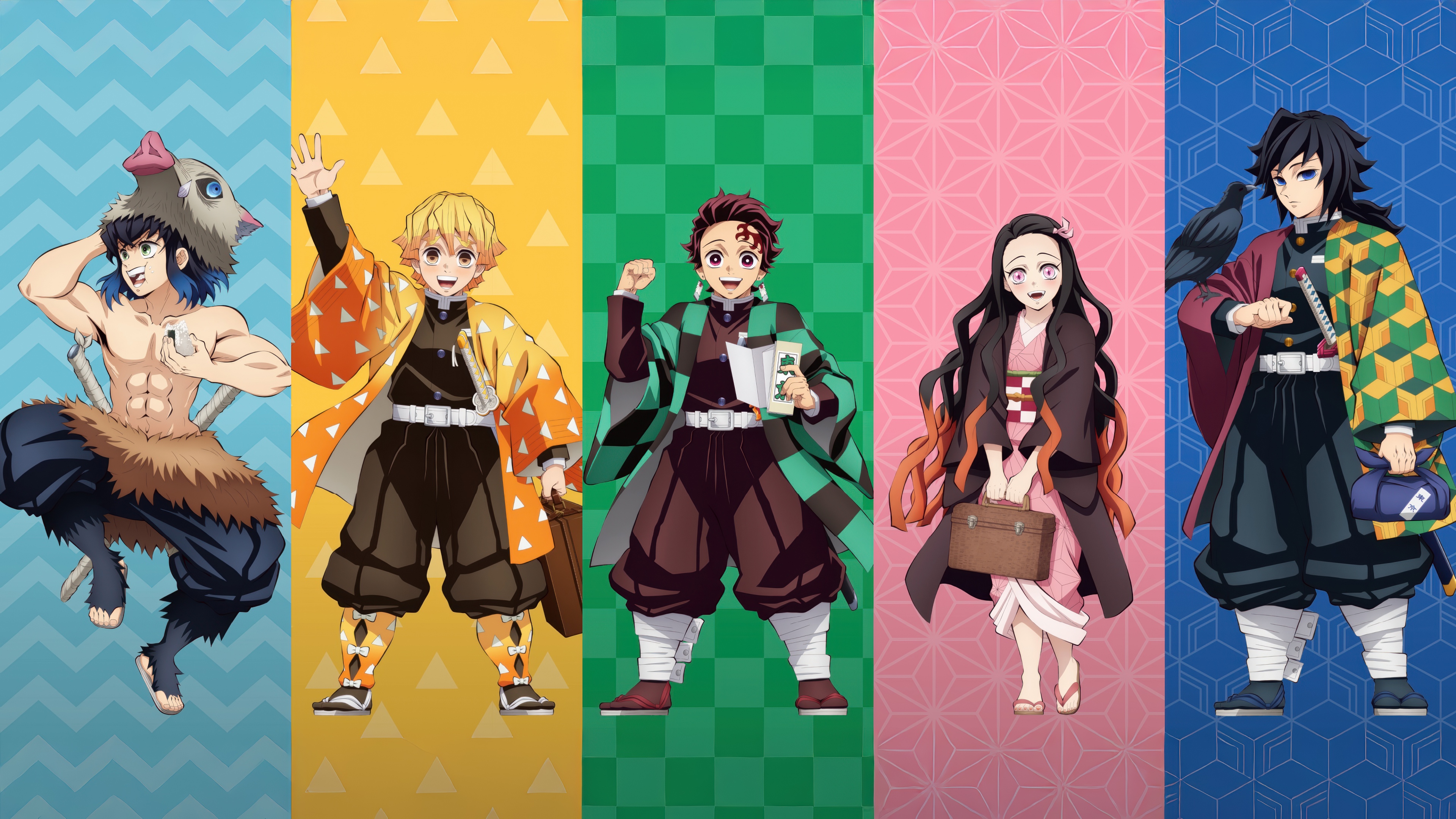 A colorful group portrait of Tanjiro Kamado, Nezuko Kamado, Zenitsu Agatsuma, Inosuke Hashibira, and Giyu Tomioka from Demon Slayer: Kimetsu no Yaiba.