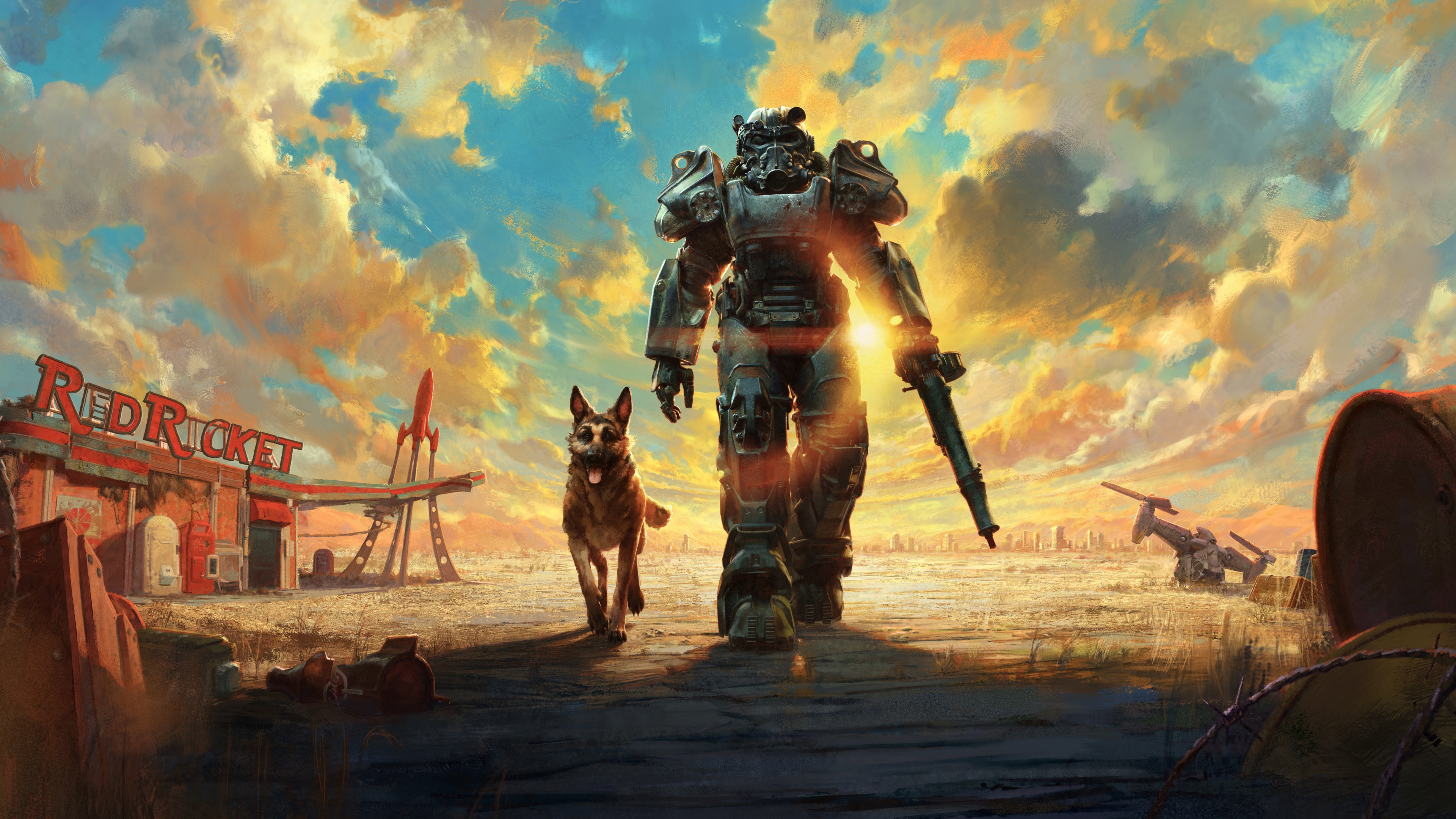 A soldier clad in heavy metallic Power Armor standing next to Dogmeat the dog from Fallout 4 in a wasteland setting.