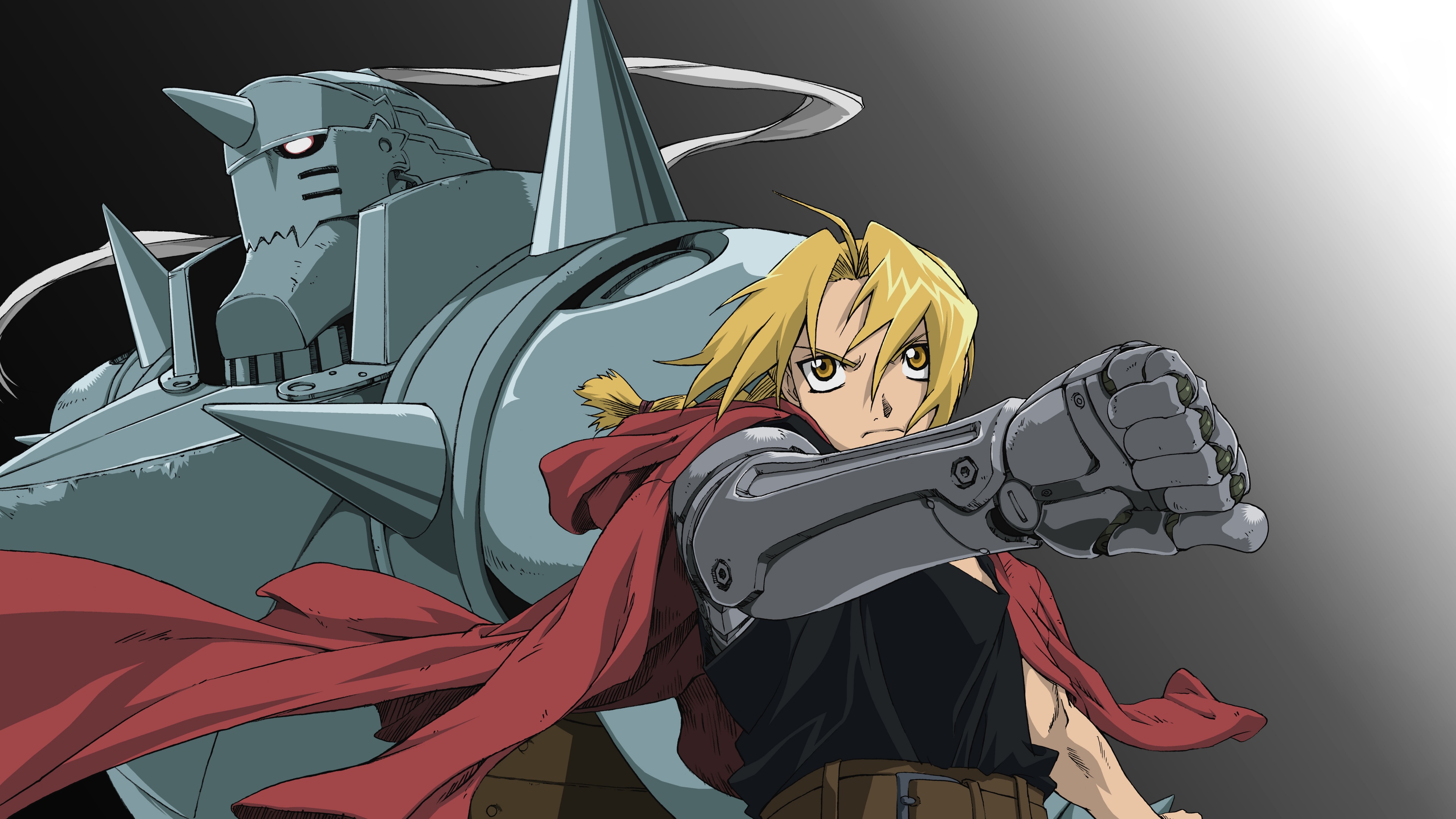 A highly detailed depiction of Edward Elric and Alphonse Elric from the series Fullmetal Alchemist.