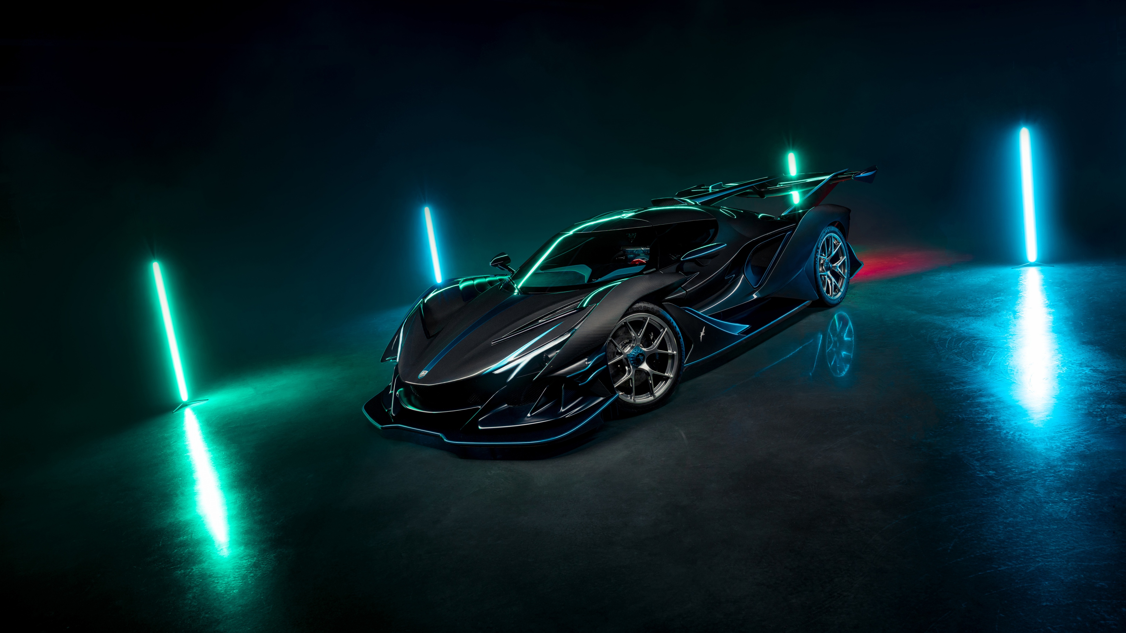A sleek sports car driving through a dark city street at night, surrounded by bright neon lights and colorful reflections.