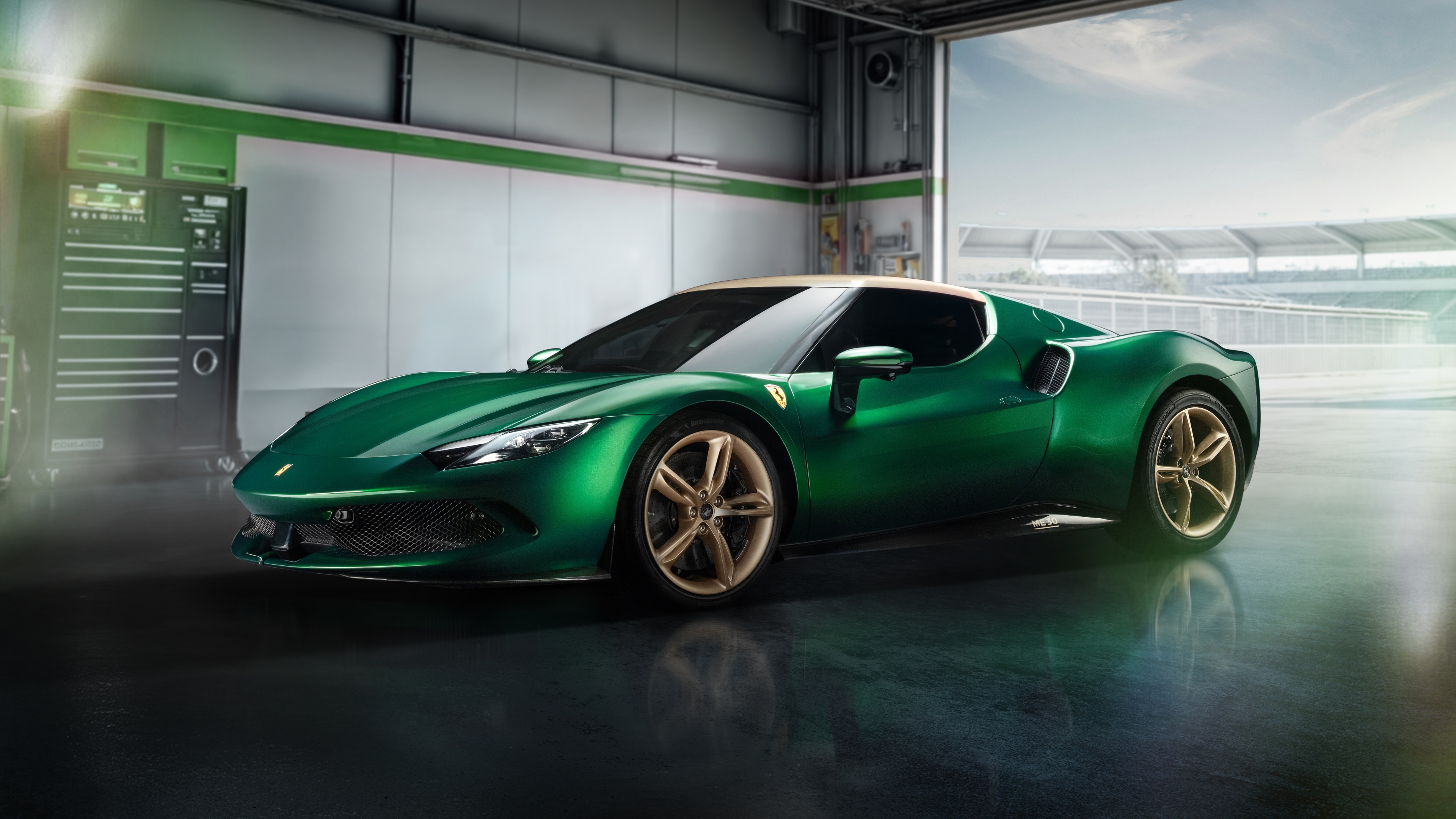 A high-resolution, detailed shot of a vibrant emerald green Ferrari 296 GTB supercar.